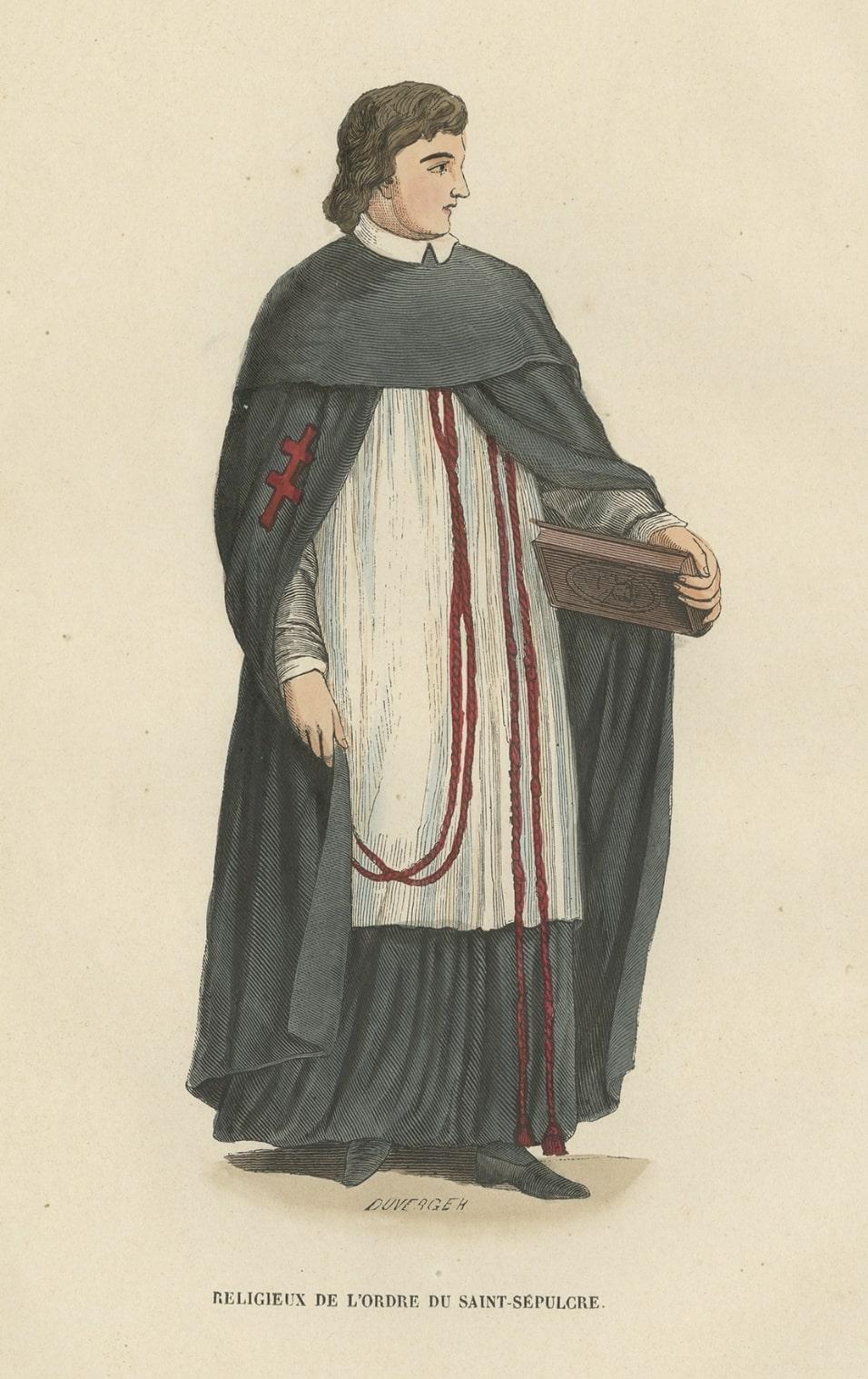Antique Print of a Monk of the Order of the Holy Sepulchre (Rome), 1845 In Good Condition For Sale In Langweer, NL