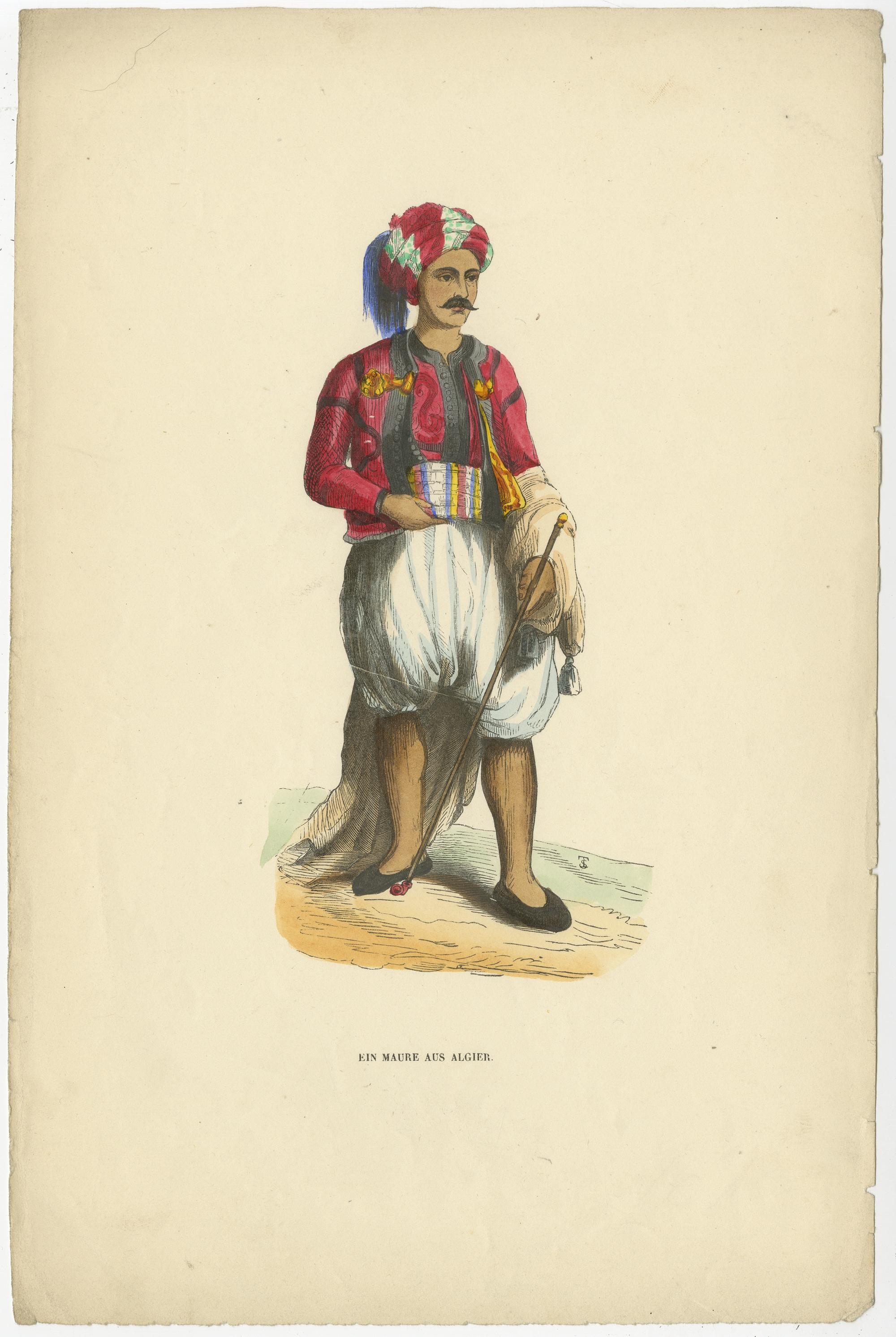 Antique print titled 'Ein Maure aus Algier'. 

Original antique print of a Moor from Algiers. This print originates from 'Die Volker des Erdballs (..)' by H. Berghaus. 

Artists and Engravers: Berghaus was a professor at Berlin and Potsdam who