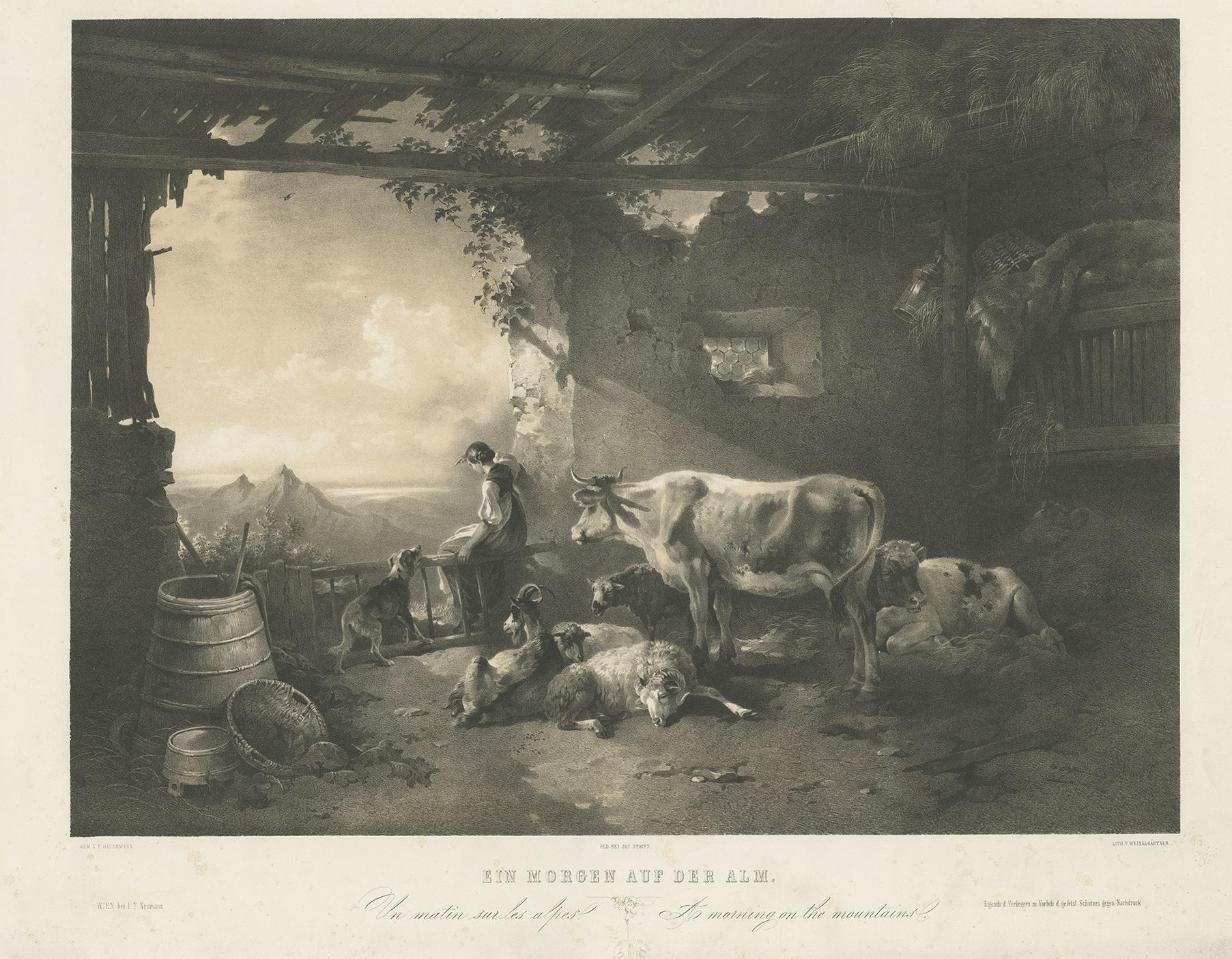 Antique print titled 'Ein Morgen auf der Alm - Un matin sur les Alpes - A morning on the Mountains'. Large antique print of a morning on the mountains, showing a scene with a girl, dog and cattle. Lithographed by Weixelgartner after a painting by