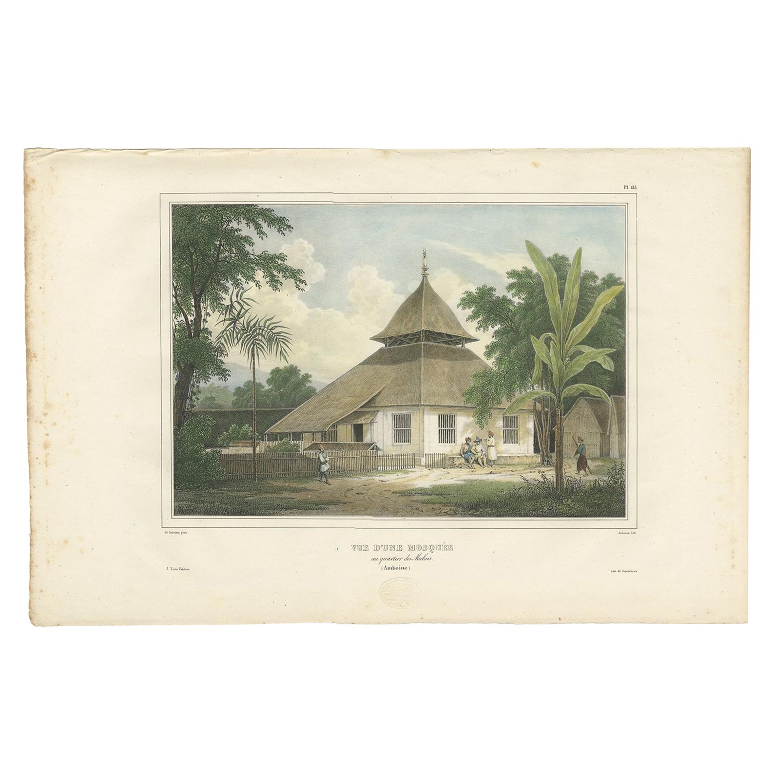 Antique Print of a Mosque in the Malay District of Ambon Island, 1833 For Sale