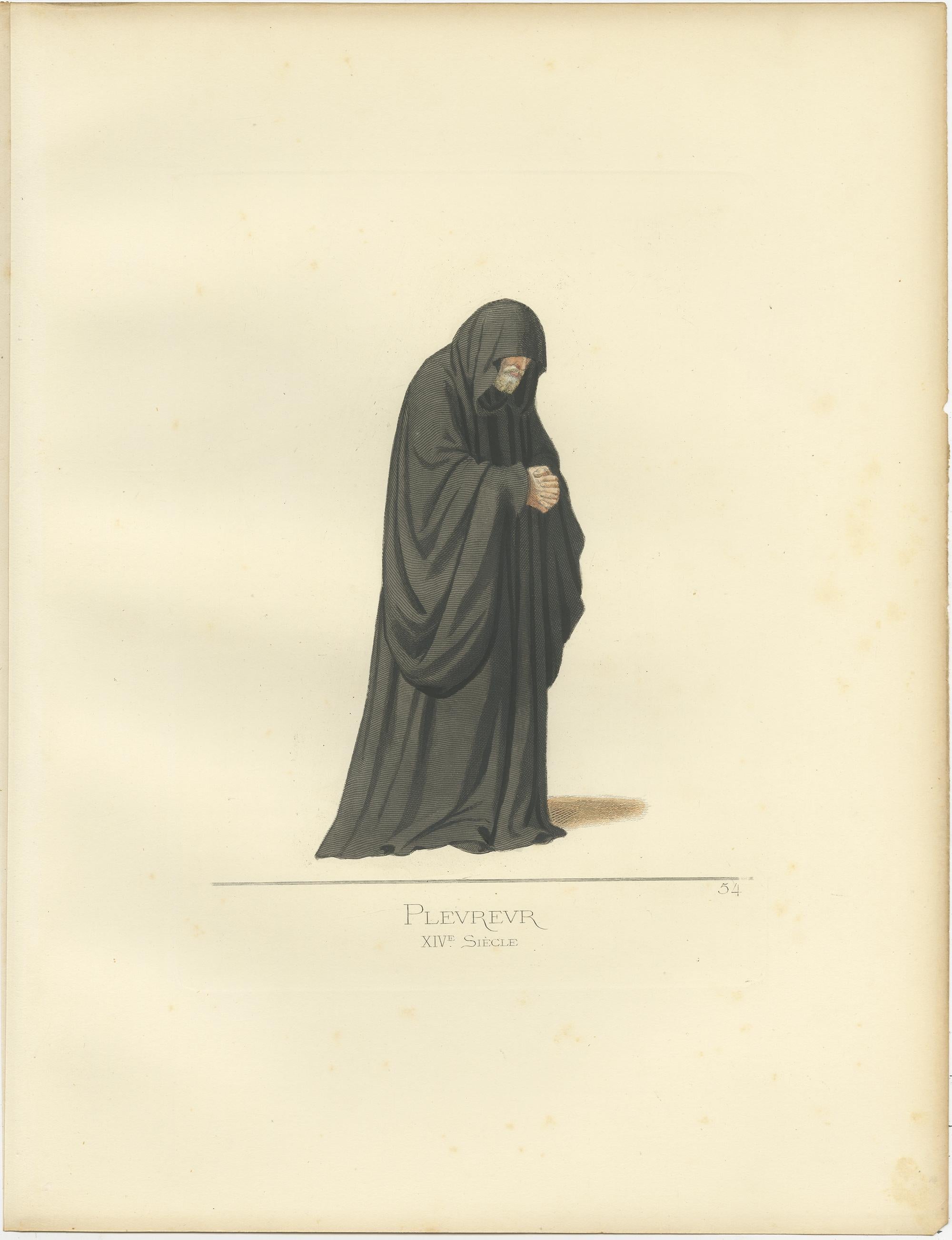 Antique print titled ‘Pleureur, XVe Siecle.’ Original antique print of a mourner. A mourner is someone who is attending a funeral or who is otherwise recognized as in a period of grief and mourning prescribed either by religious law or by popular