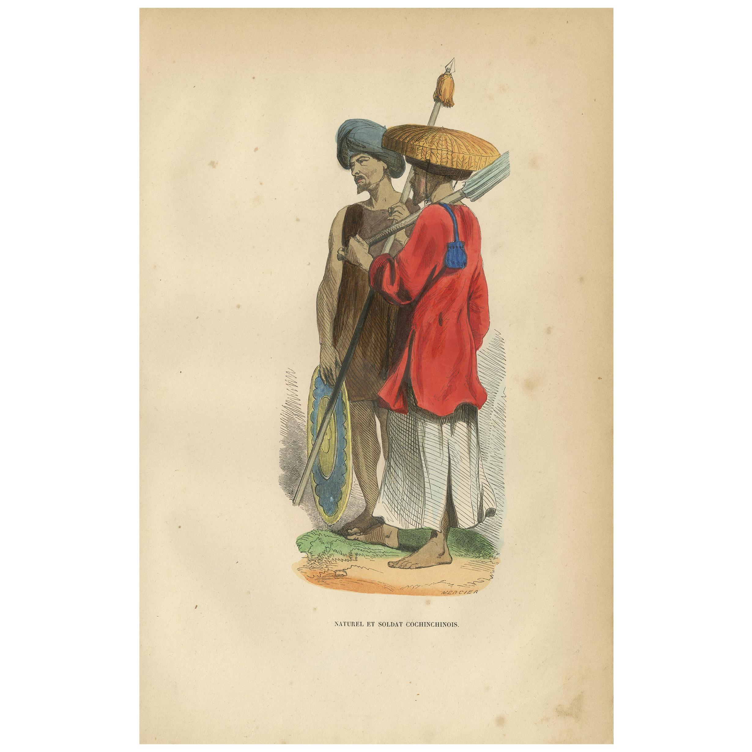 Impression ancienne d'un autochtones et soldat de Cochinchina par Wahlen, '1843'