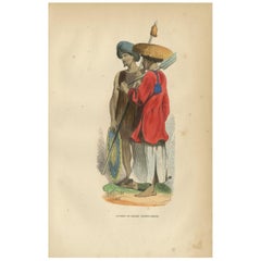 Grabado antiguo de un nativo y soldado de Cochinchina por Wahlen, '1843