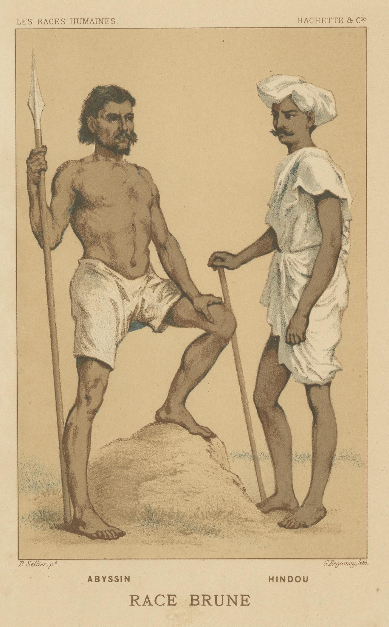Antique print titled 'Abyssin - Race Brune - Hindou'. Lithograph of a native from Abyssinia and a Hindu. This print originates from 'Les Races Humaines' published by Hachette et Cie.