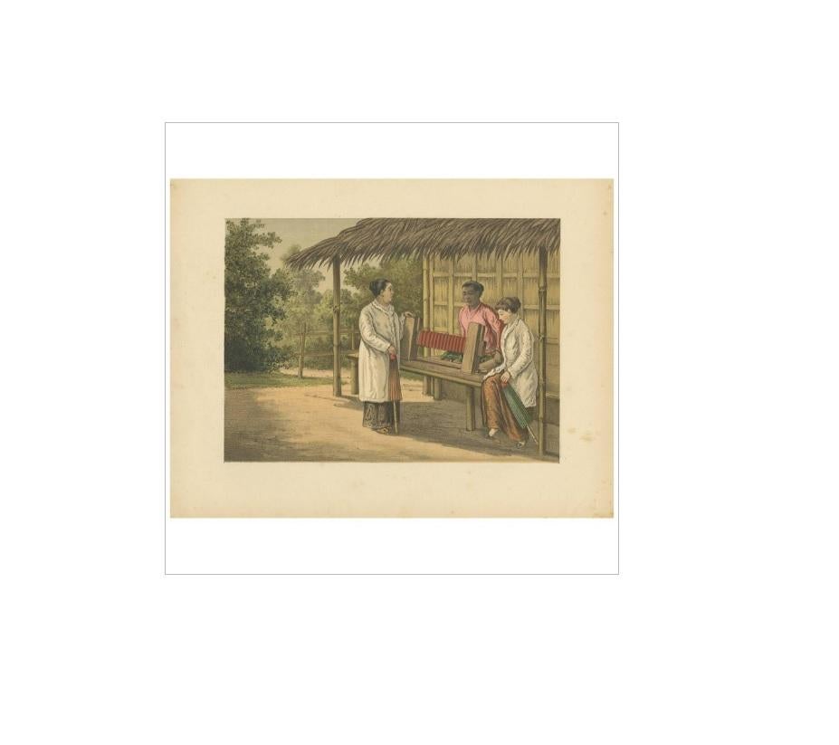 Antique print of a native girl weaving in Buitenzorg (Bogor) on Java, Indonesia. This print originates from 'Het Kamerlid van Berkestein in Nederlandsch-Indie.', (translation: van Berkestein, member of the Dutch Parliament in the Dutch East-Indies.)