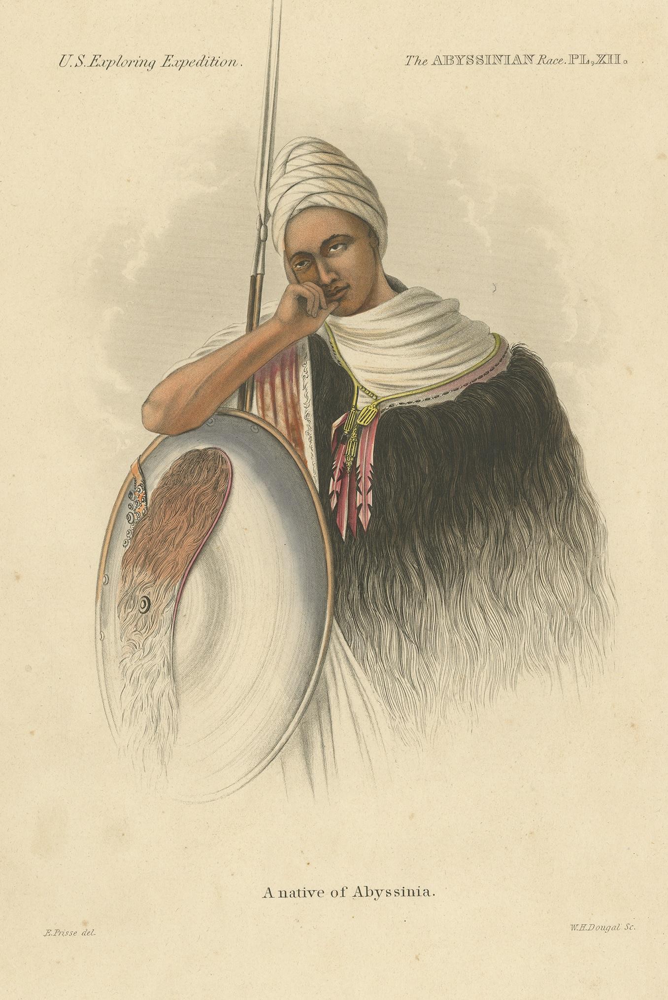 Antique print titled 'A native of Abyssinia'. Lithograph of a native man of Abyssinia with animal-skin cape, turban, spear and shield. This print originates from 'The races of man and their geographical distribution' by Charles Pickering.