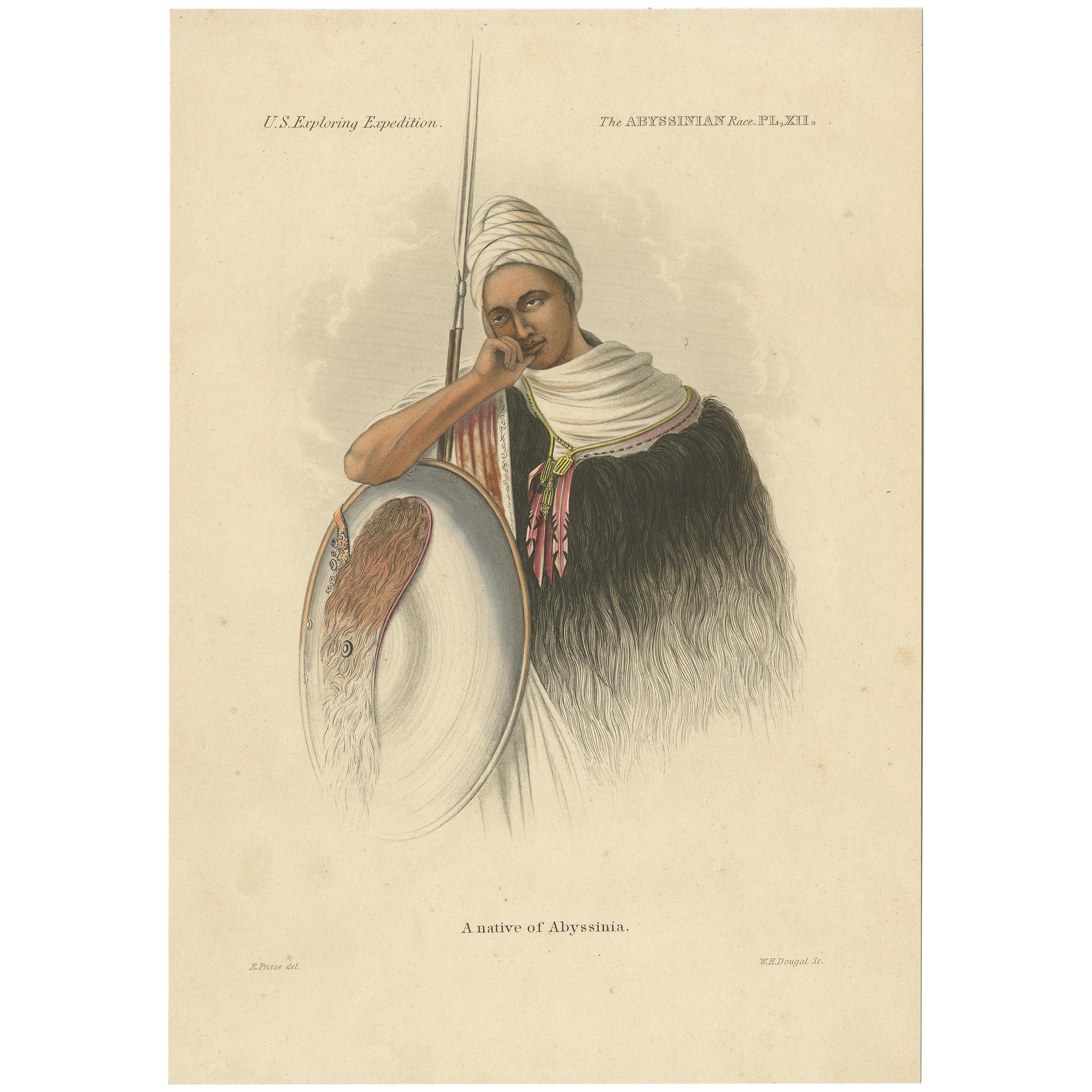 Antique Handcolored Print of a Native Warrior of Abyssinia or Ethiopia,  '1848'