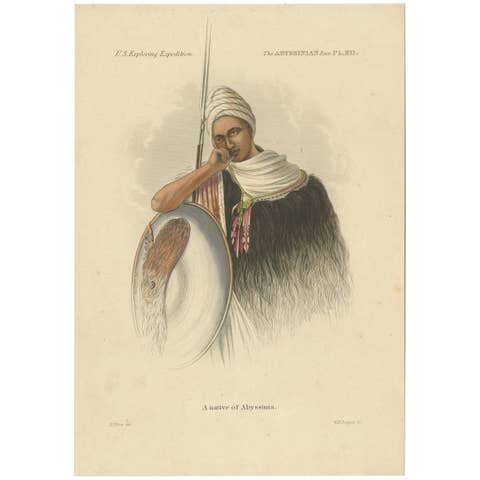 Antique Handcolored Print of a Native Warrior of Abyssinia or Ethiopia, 1848