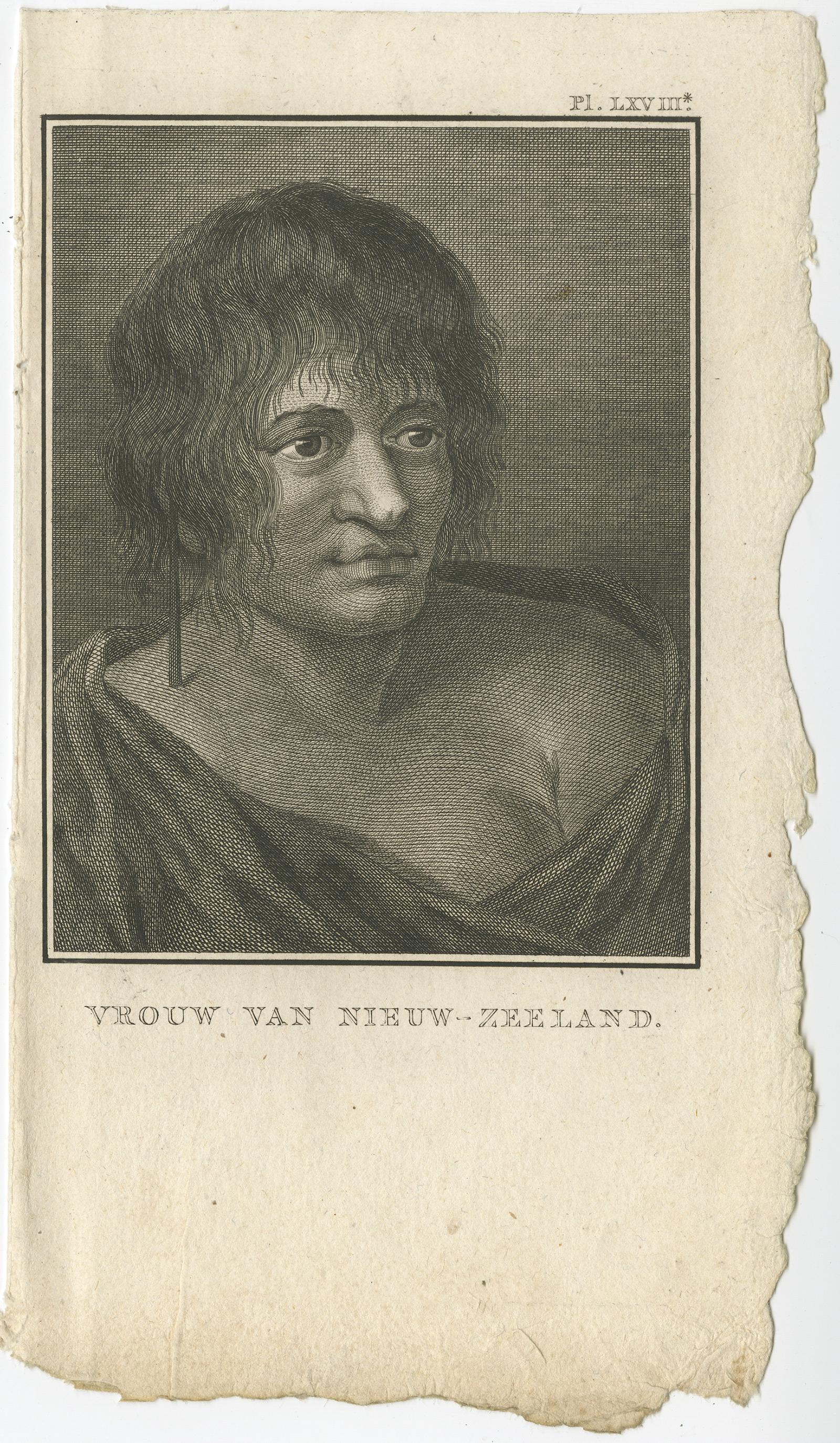 Antique print titled 'Vrouw van Nieuw-Zeeland'. Antique print depicting a Maori woman of New Zealand. Originates from 'Reizen Rondom de Waereld door James Cook (..)'. 

Artists and Engravers: Translated by J.D. Pasteur. Published by Honkoop,