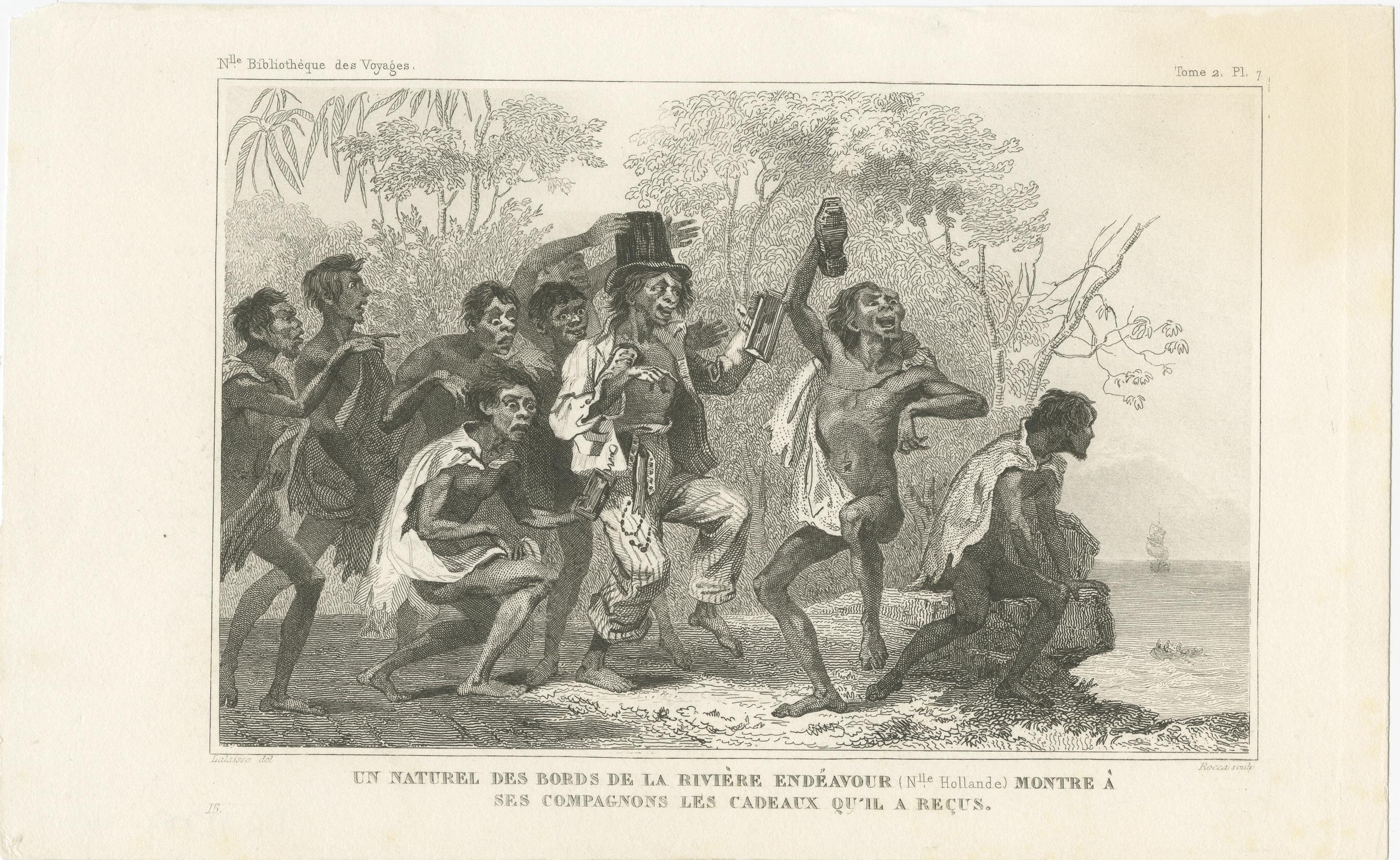 Gravure ancienne intitulée 'Un naturel des Bords de la Rivière Endéavour montre à ses Compagnons les Cadeaux qu'il a Recus'. Cette estampe montre un indigène de la région proche de la rivière Endeavour montrant son cadeau, l'Australie. Provient de