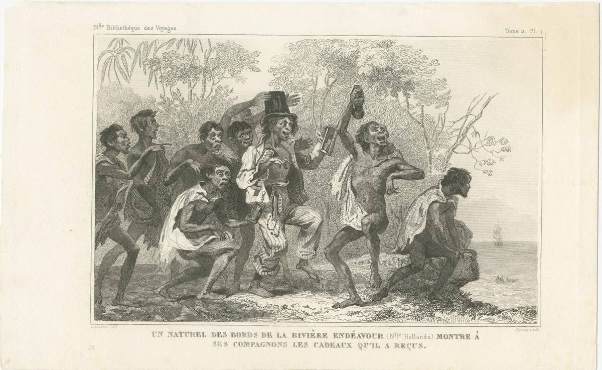 Antique Print of a Native near the Endeavour River showing the Gift he received