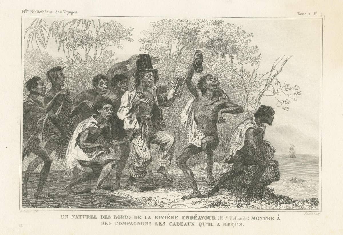 Antique Print of a Native near the Endeavour River showing the Gift he received