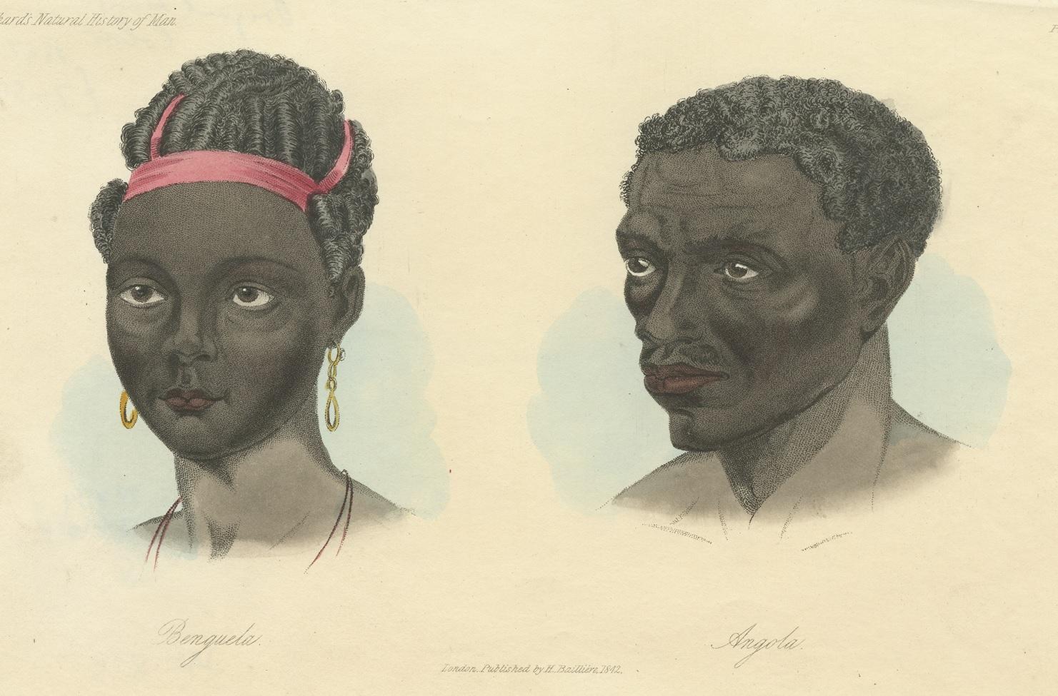 Antique print titled 'Benguela - Angola'. Antique print of a native of Benguela city in headdress and earrings, and a native of Angola. This print originates from 'Natural History of Man' by J.C. Prichard. A wonderful series of portraits of natives