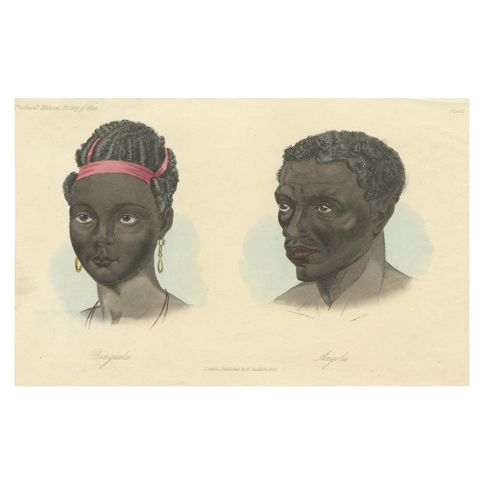 Grabado antiguo de un nativo de Benguela y Angola por Prichard, 1842