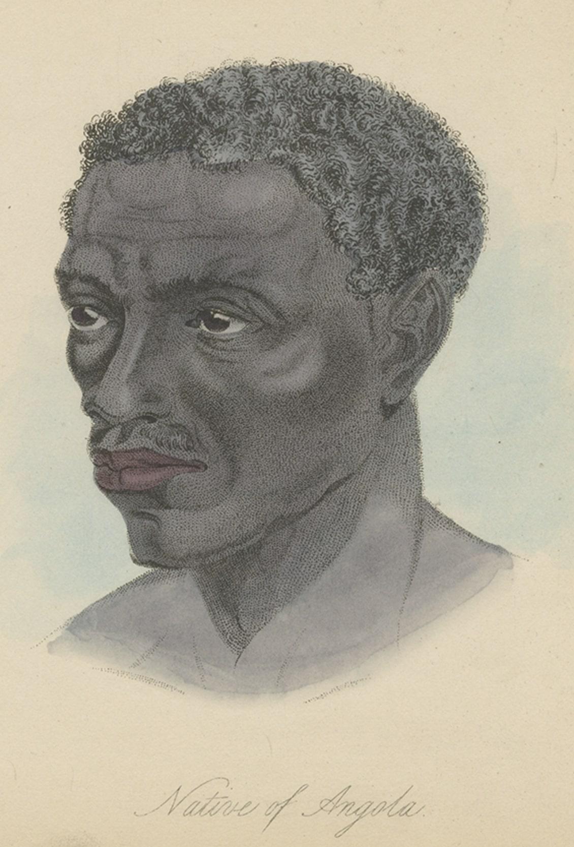 Grabado antiguo de un nativo de la ciudad de Benguela y un nativo de Angola, África, 1855 en Bueno estado para la venta en Langweer, NL