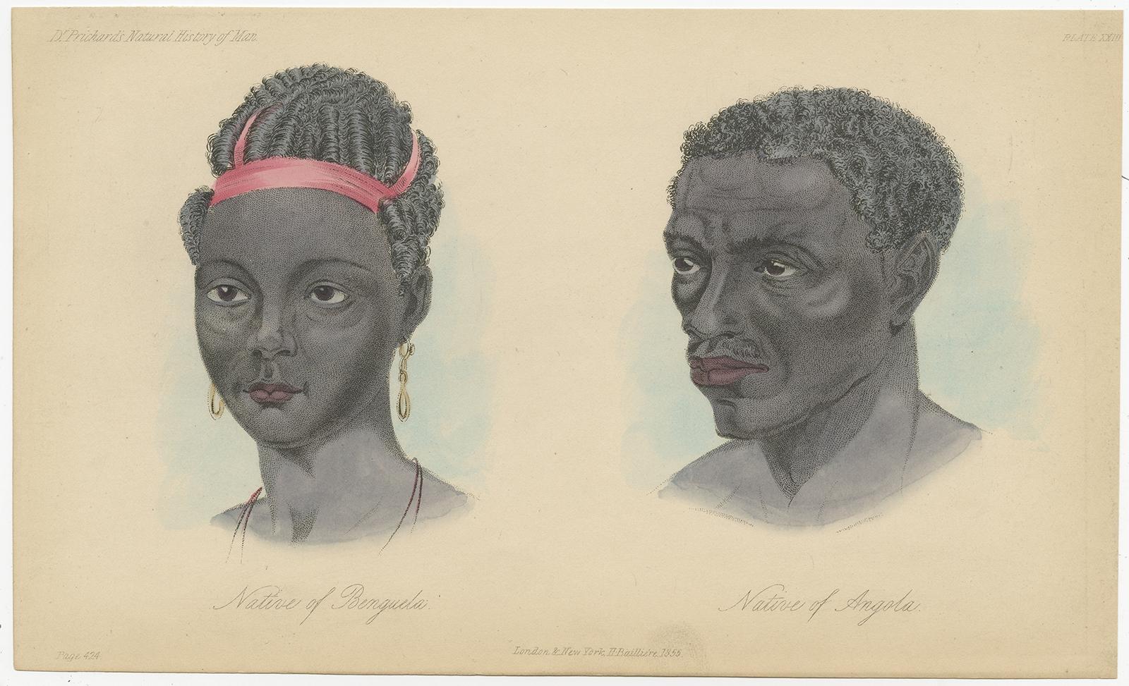 Grabado antiguo de un nativo de la ciudad de Benguela y un nativo de Angola, África, 1855 Mediados del siglo XIX en venta
