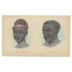 Stampa antica di un nativo della città di Benguela e di un nativo dell'Angola, Africa, 1855