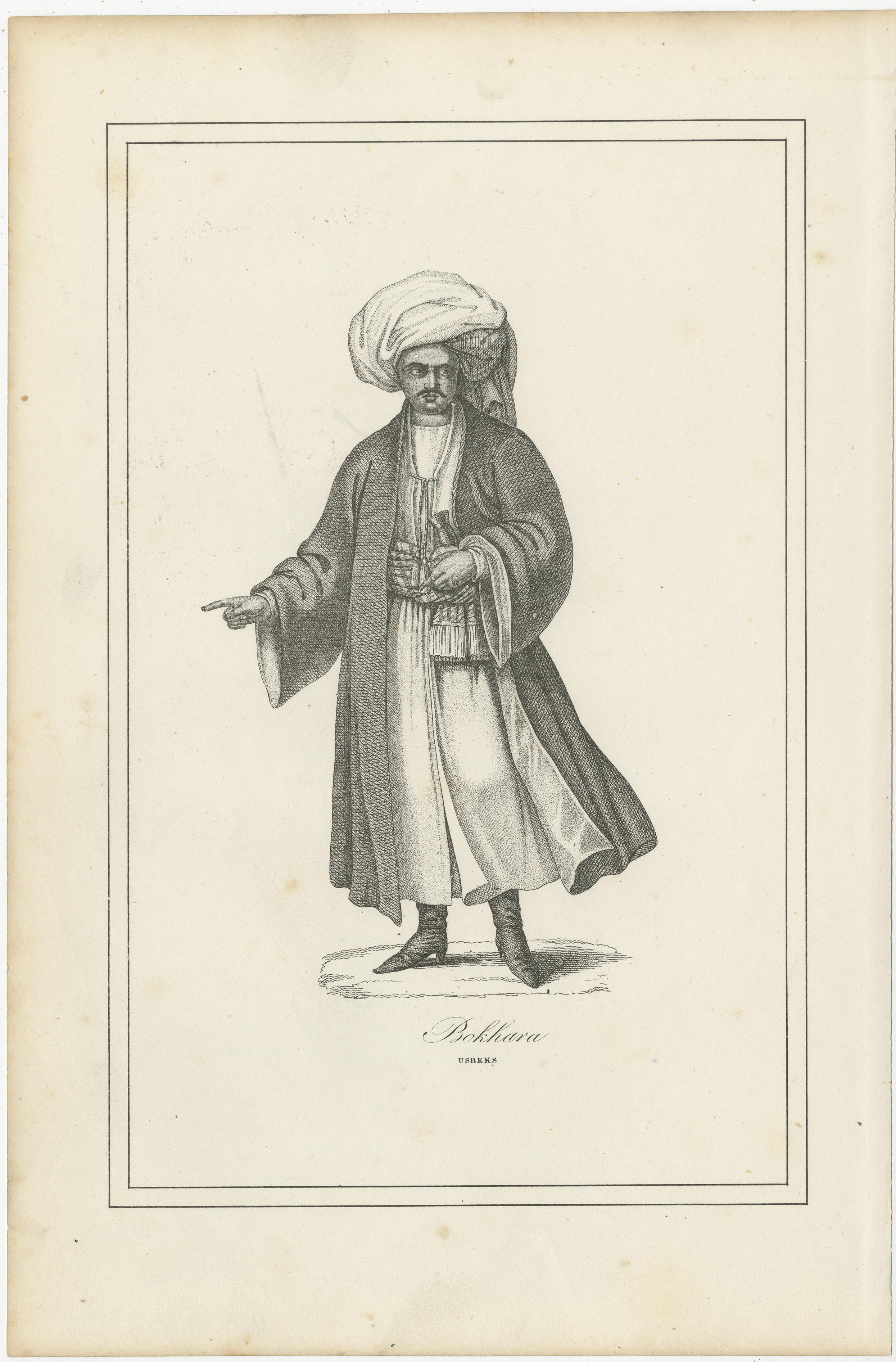 Antique print titled 'Bokhara, Usbeks'. Original print of a native of Bukhara, Uzbekistan. Source unknown, to be determined. Published, circa 1880.