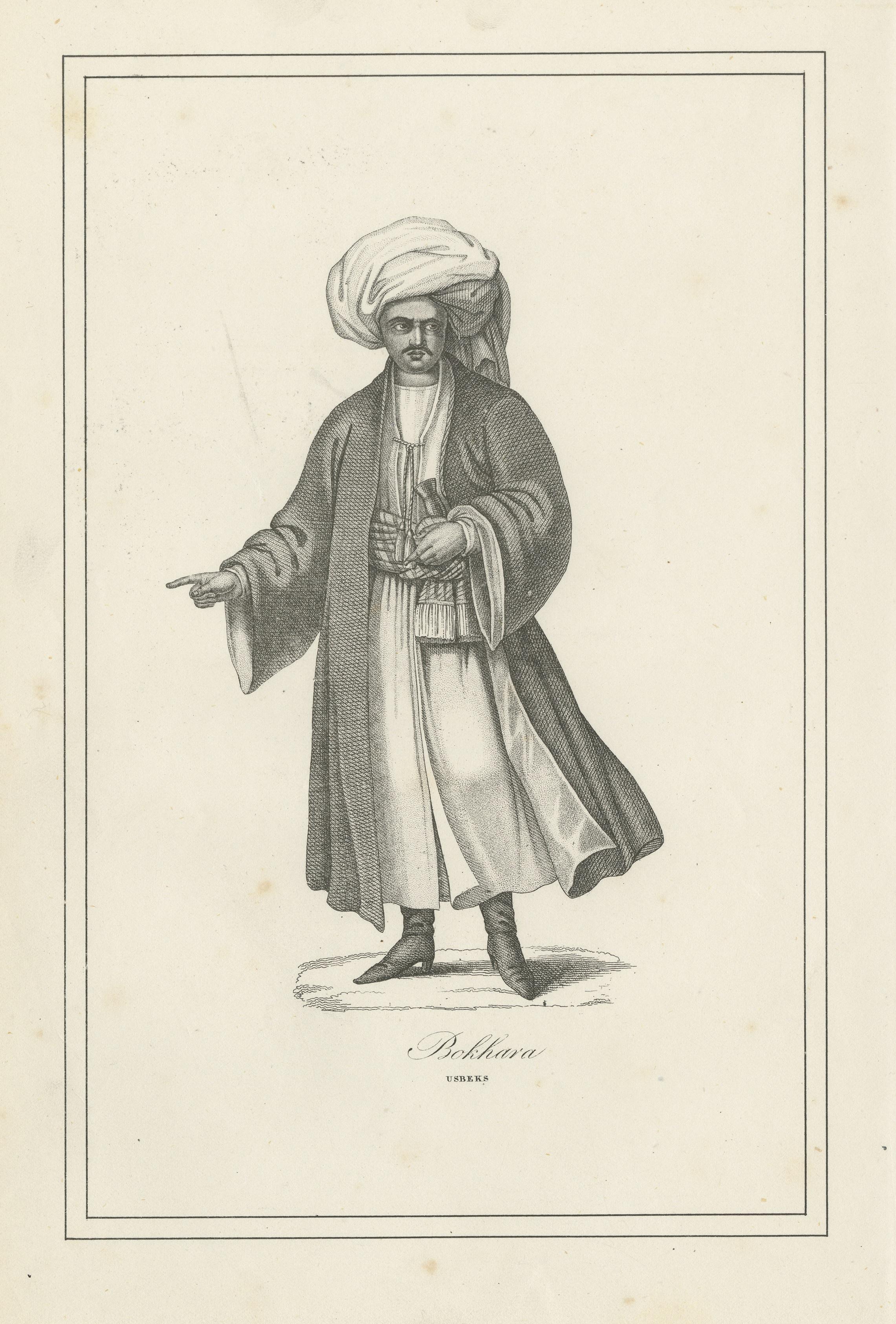 Antique Print of a Native of Bukhara, Uzbekistan In Fair Condition For Sale In Langweer, NL
