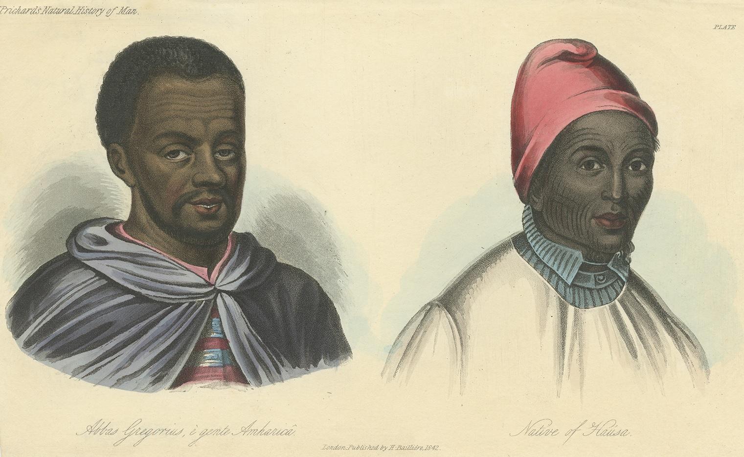 Antique print titled 'Abbas Gregorius, è gente Amharica - Native of Hausa'. Antique print of Abbas Gregorius, an Amharic Ethiopian, and Hausa man of West Africa. This print originates from 'Natural History of Man' by J.C. Prichard. A wonderful