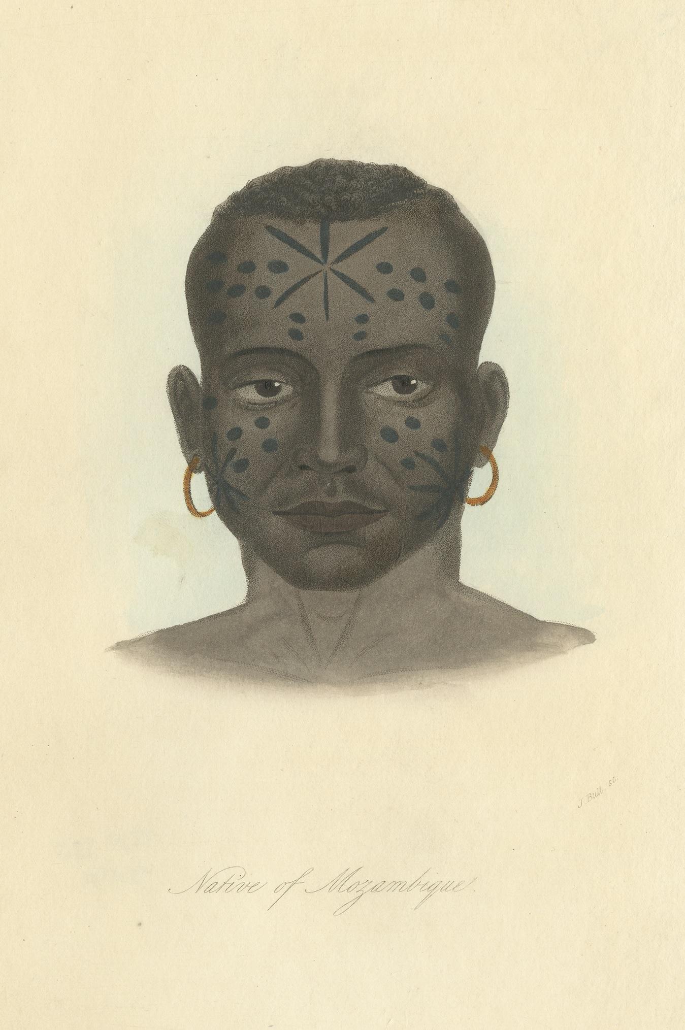 Antique print titled 'Native of Mozambique'. Antique print of a native of Mozambique with earrings and face painting. This print originates from 'Natural History of Man' by J.C. Prichard. A wonderful series of portraits of natives from around the