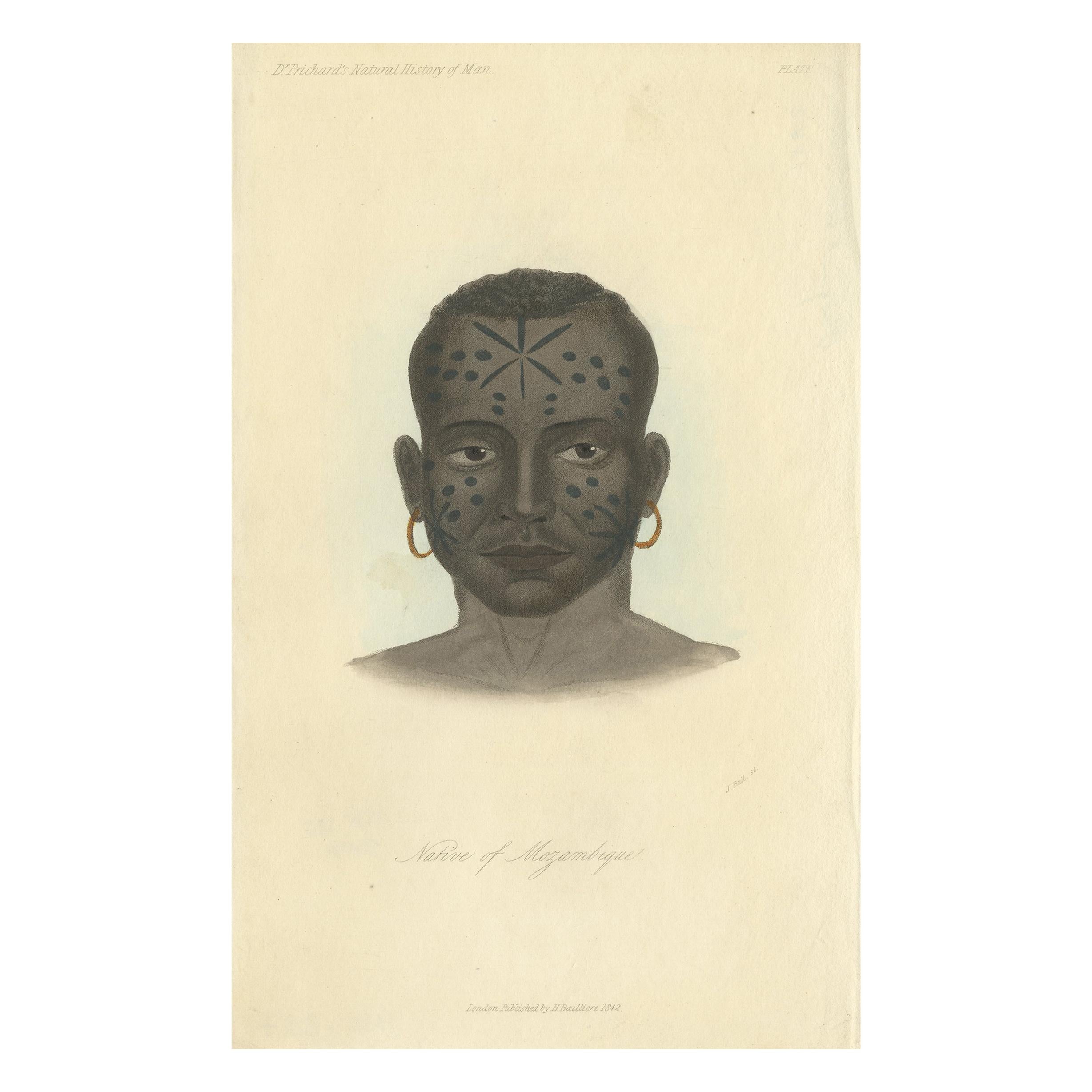 Antique Print of a Native of Mozambique by Prichard, 1842 For Sale