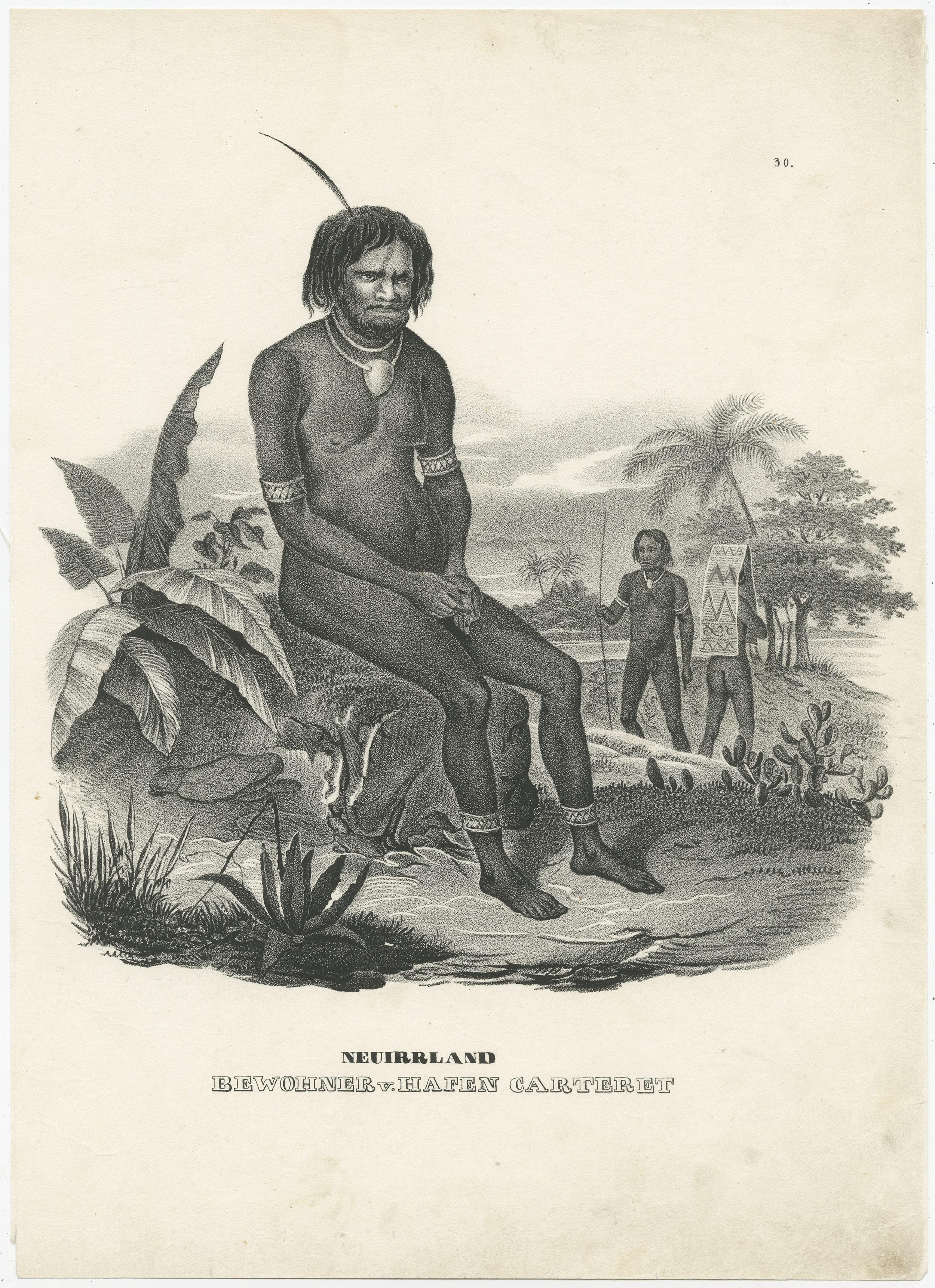 Antique print titled 'Neuirrland, Bewohner v. Hafen Carteret'. Male native of the Bismarck Archipelago, seated on an overgrown rock, two fellow tribesmen on the right, one with a plaited mat over his head. The port of Carteret was on the southern