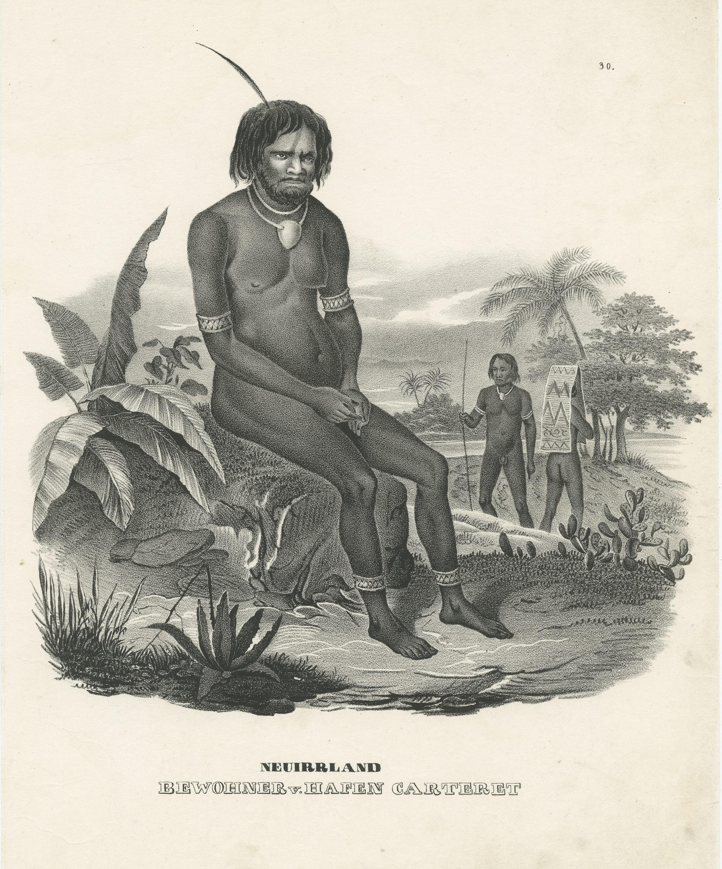 Antique Print of a Native of the Bismarck Archipelago, Port of Carteret In Fair Condition For Sale In Langweer, NL