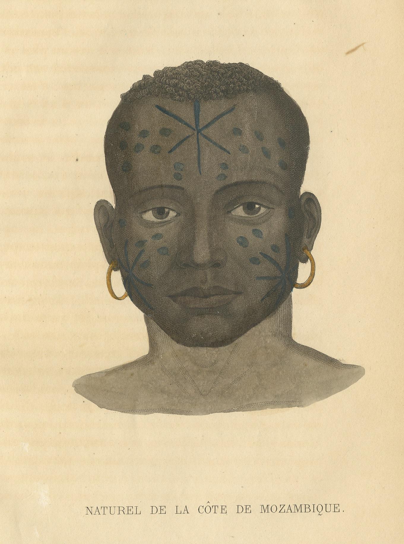 Antique print titled 'Naturel de la Côte de Mozambique'. Lithograph of a native of the Mozambique coast. This print originates from 'Histoire Naturelle de l’homme Comprenant des recherches sur L’influence des agens physiques et morau (..)' by J.C.