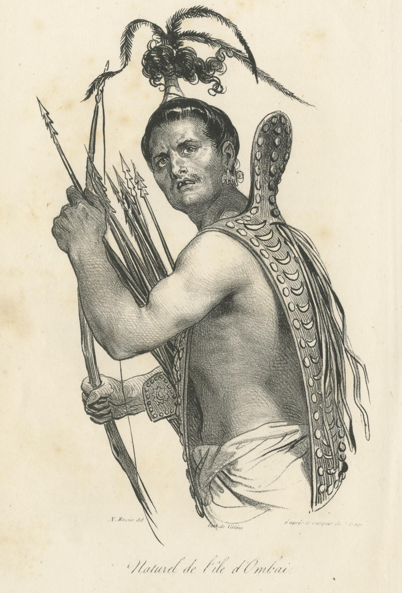 Antique print titled 'Naturel de l'ile d'Ombai'. Lithograph of a native of the Ombai Strait, Indonesia. Source unknown, to be determined. Published, circa 1840.