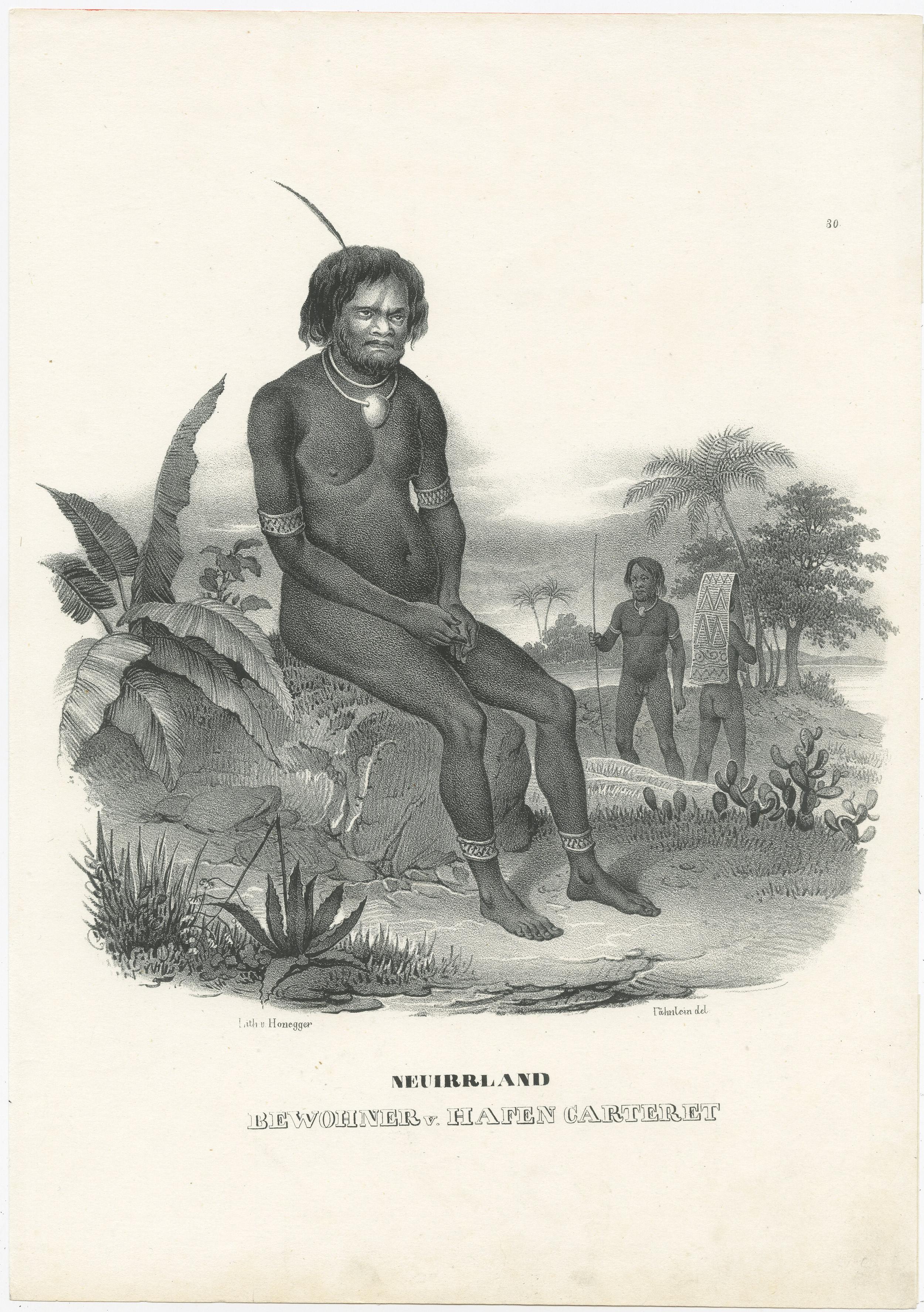 Antique print titled 'Neuirrland, Bewohner v. Hafen Carteret'. Male native of the Bismarck Archipelago, seated on an overgrown rock, two fellow tribesmen on the right, one with a plaited mat over his head. The port of Carteret was on the southern