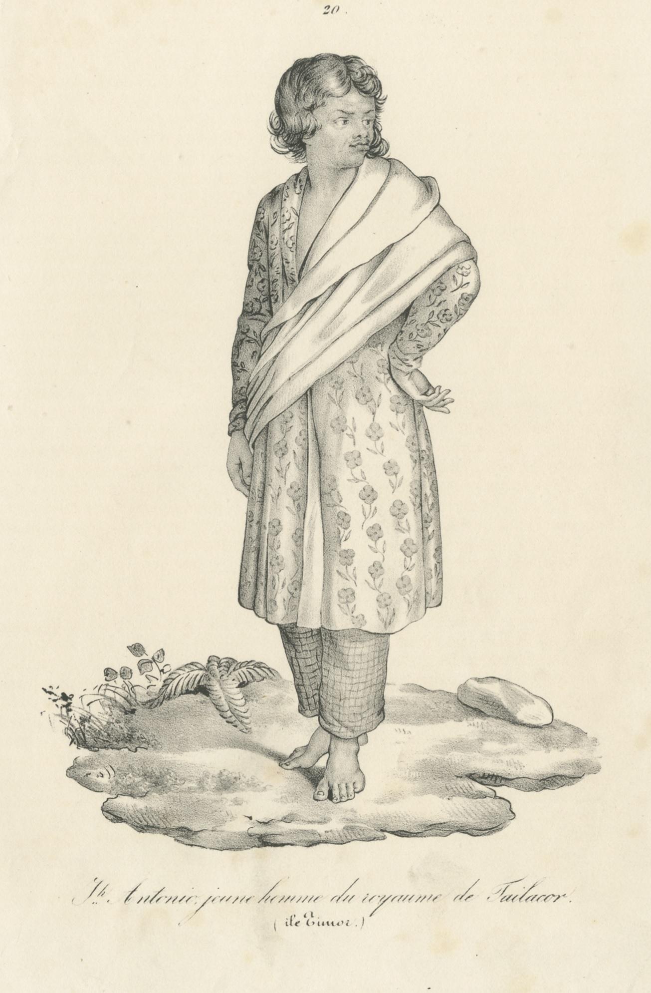 Antique print titled 'Antonio, jeune homme de royaume de Tailacor'. Lithograph of a native of Timor Island, Indonesia. Source unknown, to be determined. Published circa 1840.