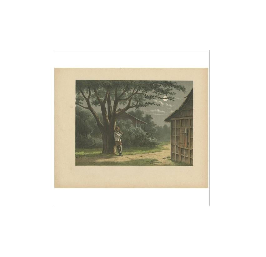 Antique print of a native playing the flute in Batavia or Jakarta on Java, Indonesia. This print originates from 'Het Kamerlid van Berkestein in Nederlandsch-Indie.', (translation: van Berkestein, member of the Dutch Parliament in the Dutch