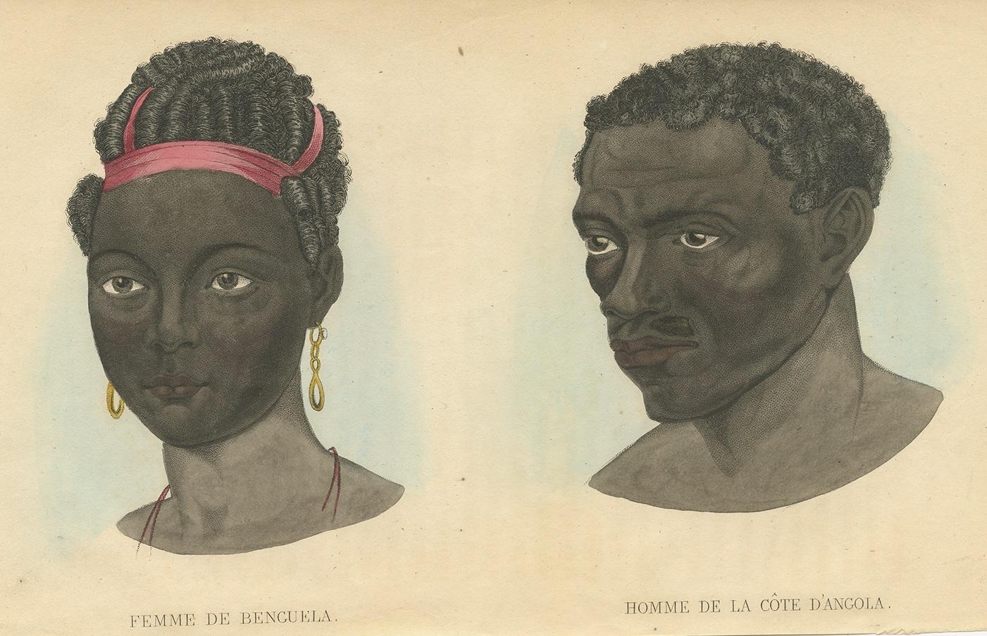 Antique print titled 'Femme de Benguela - Homme de la Côte d'Angola'. Lithograph of a natives of Benguela and the coast of Angola. This print originates from 'Histoire Naturelle de l’homme Comprenant des recherches sur L’influence des agens