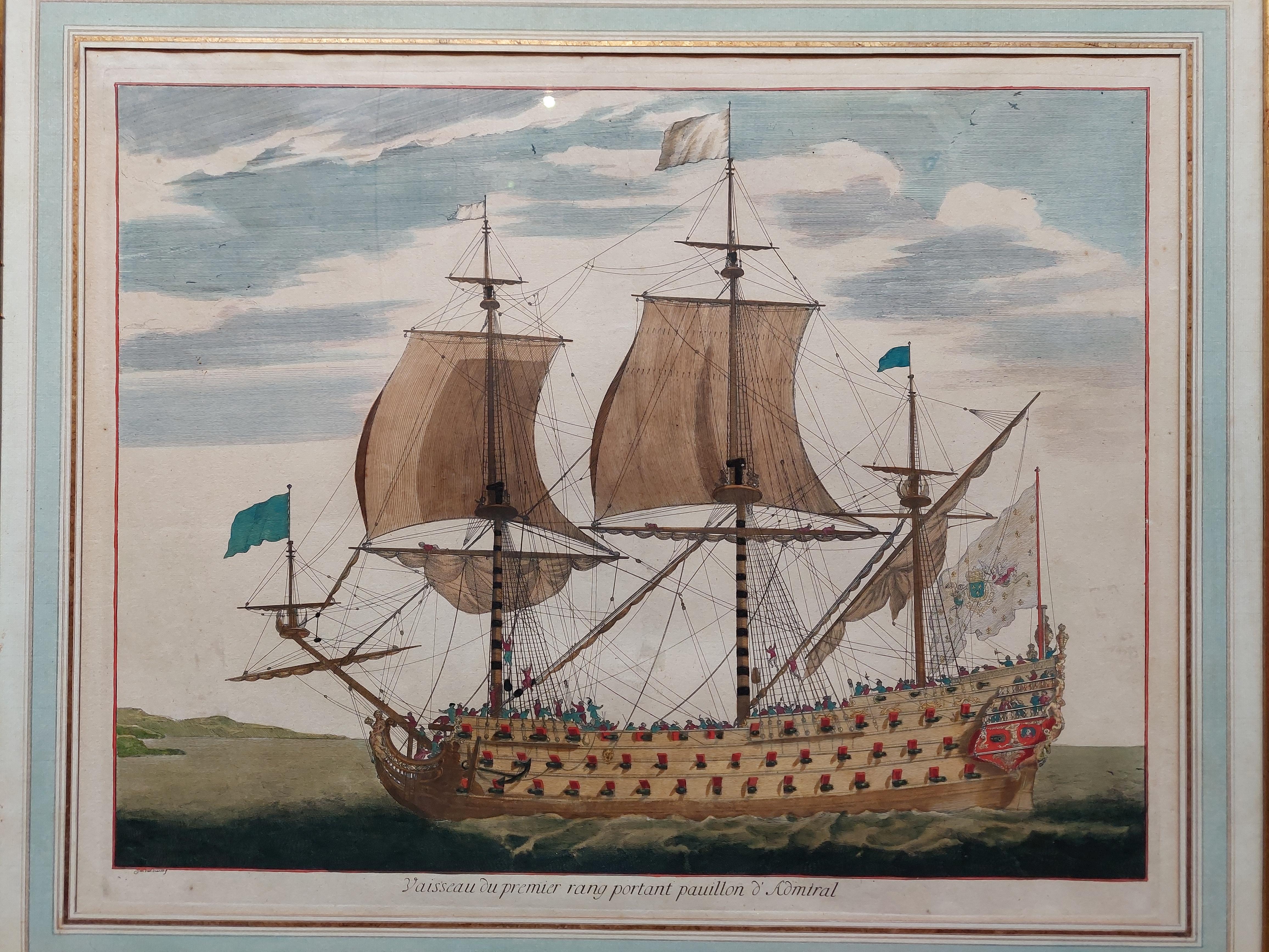 Antique print titled 'Vaisseau du premier rang portant pavillon d'Admiral'. Beautiful copper engraving of a naval vessel. From Mortier's famous maritime Atlas 