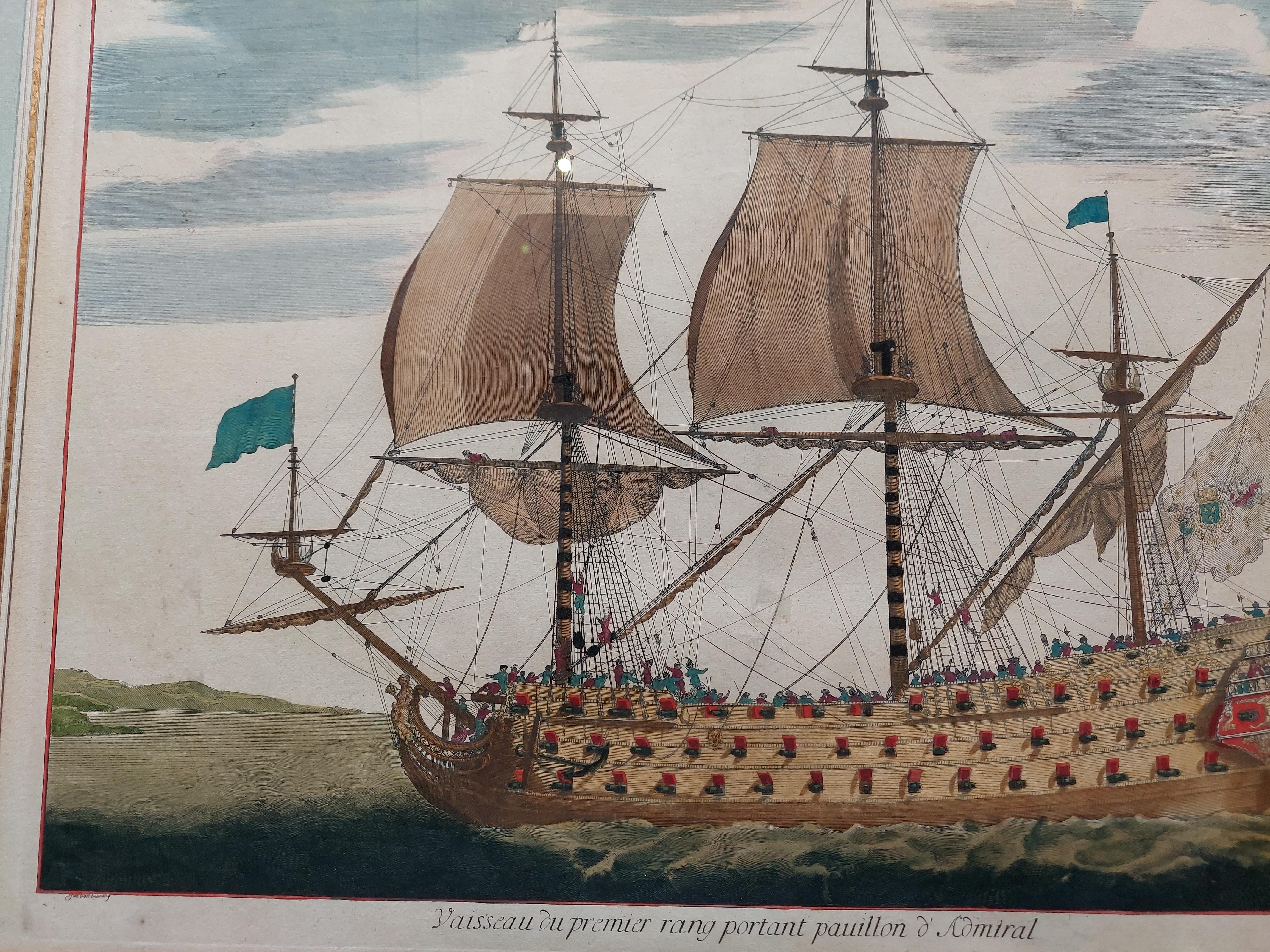 Antique Print of a Naval Vessel by Mortier '1695' In Fair Condition For Sale In Langweer, NL