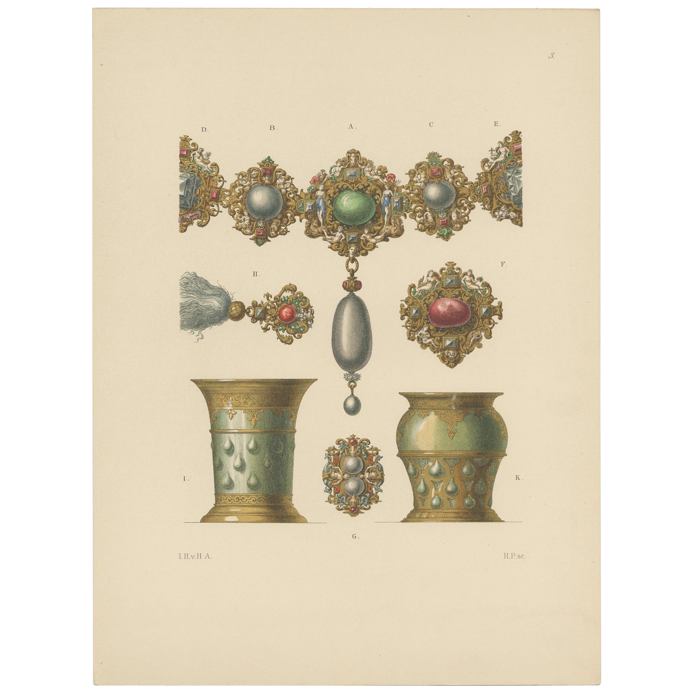 Antique Print of a Necklace and Goblets by Hefner-Alteneck '1890' For Sale