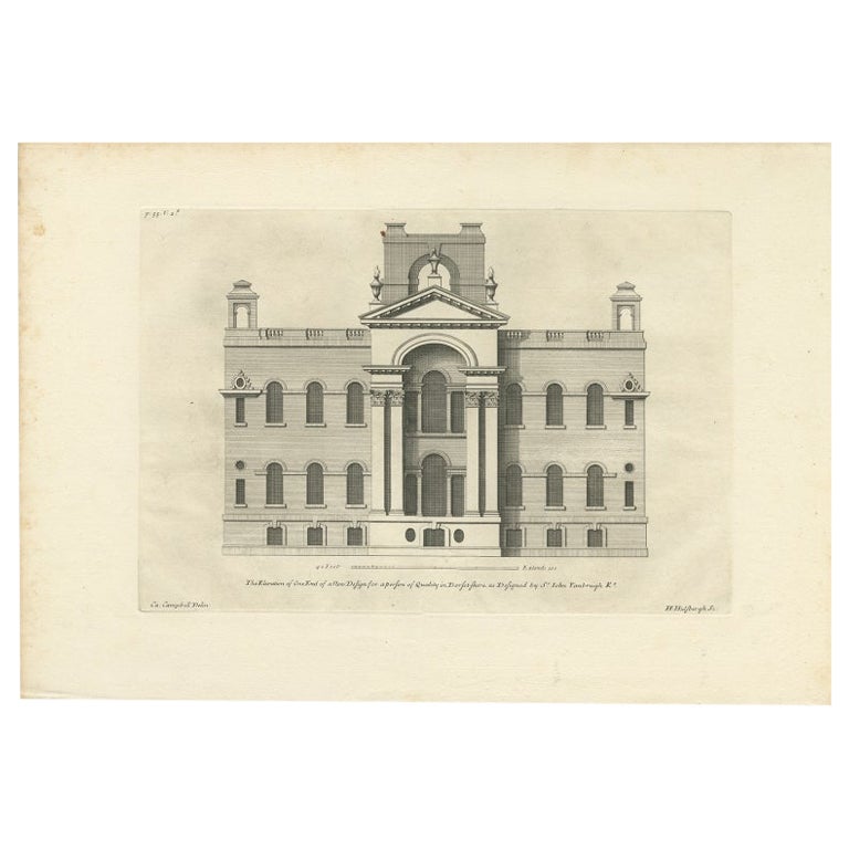 Antiker antiker Druck eines neuen Gebäudedesigns in Dorset, England, von Campbell, 1717