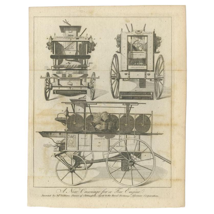 Antique Print of a New Carriage for a Fire Engine, 1791 For Sale