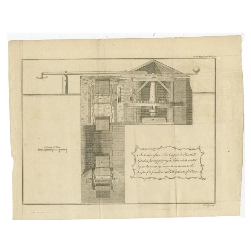 Antique Print of a New Engine in Painshill Garden, 1771 For Sale