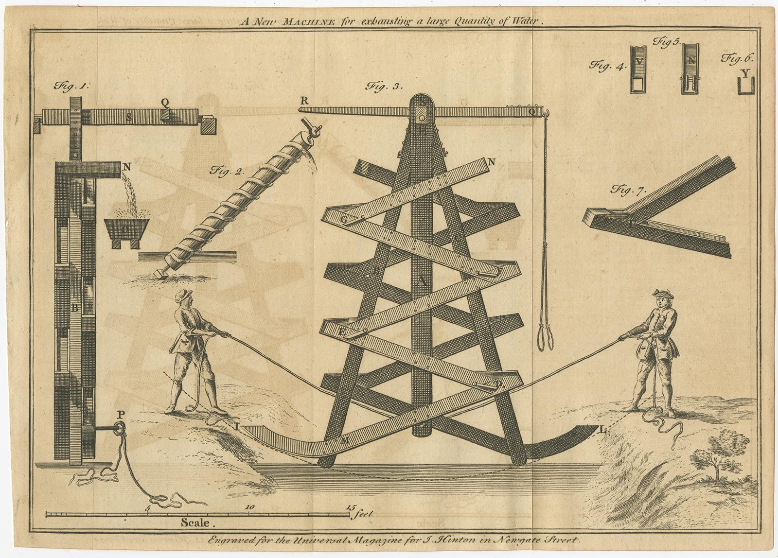 Antique print titled 'A New Machine for exhausting a large quantity of water'. Print of a new water exhausting machine. This print originates from 'The Universal Magazine of Knowledge and Pleasure'. 

Artists and Engravers: The Universal Magazine