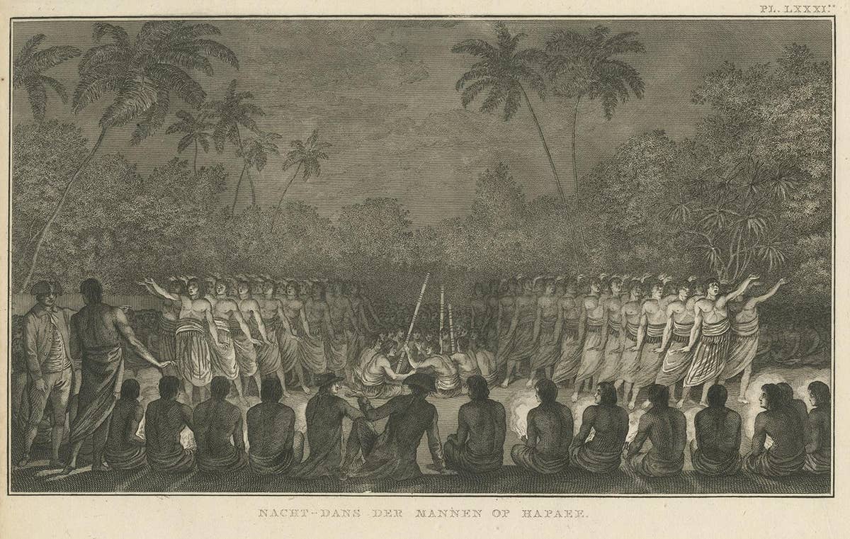 Antique Print of a Night Dance by Men from Hapaee by Cook, 1803