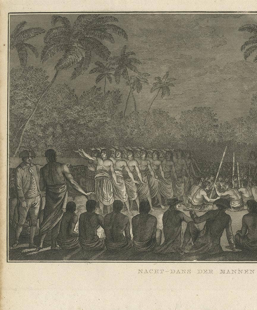Antique Print of a Night Dance by Men from Hapaee by Cook, 1803