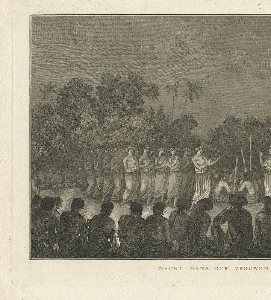 Antique Print of a Night Dance by Women from Hapaee by Cook, 1803