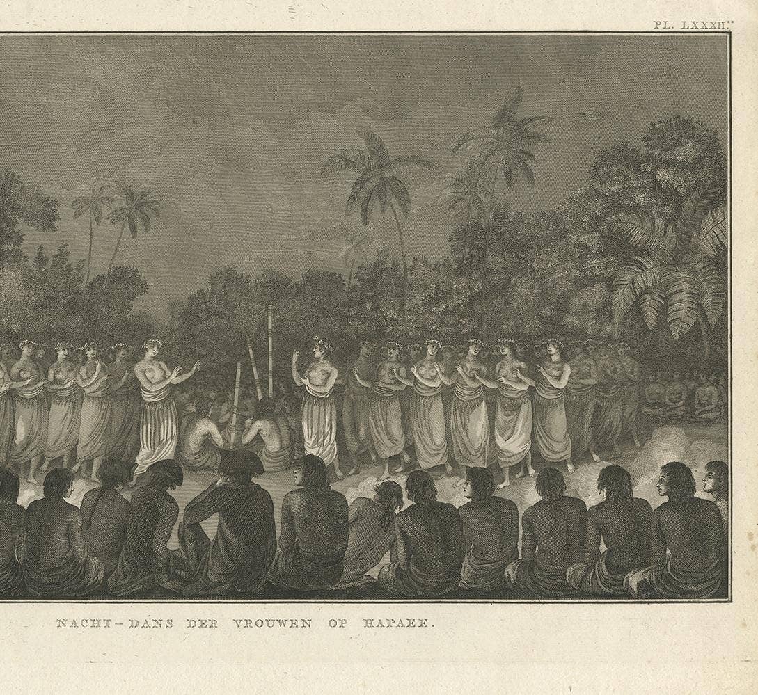 Antique Print of a Night Dance by Women from Hapaee by Cook, 1803