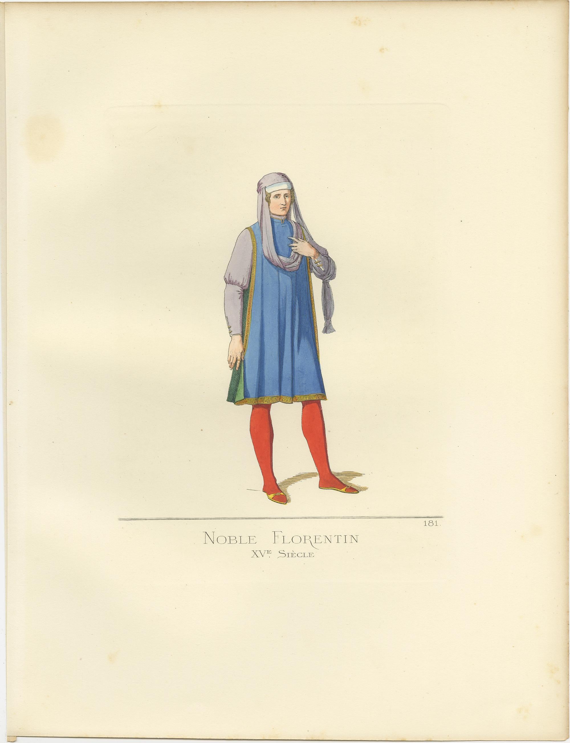 Antique print titled ‘Noble Florentin, XVe Siecle.’ Original antique print of a nobleman from Florence in Italy, 15th century. This print originates from 'Costumes historiques de femmes du XIII, XIV et XV siècle' by C. Bonnard. Published, 1860.