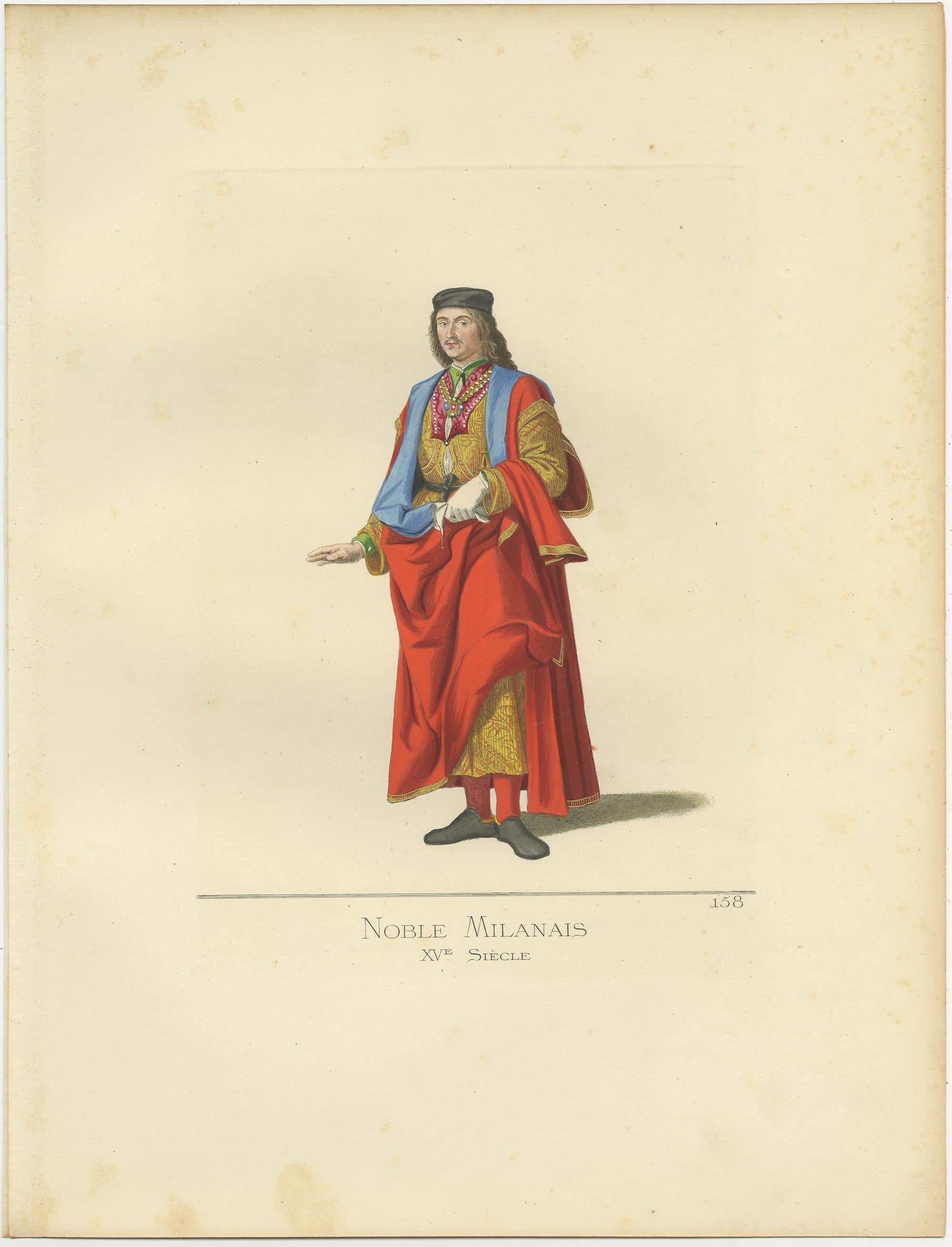 Antique print titled ‘Noble Milanais, XVe Siecle.’ Original antique print of a Nobleman from Milan, 15th century. This print originates from 'Costumes historiques de femmes du XIII, XIV et XV siècle' by C. Bonnard. Published, 1860.