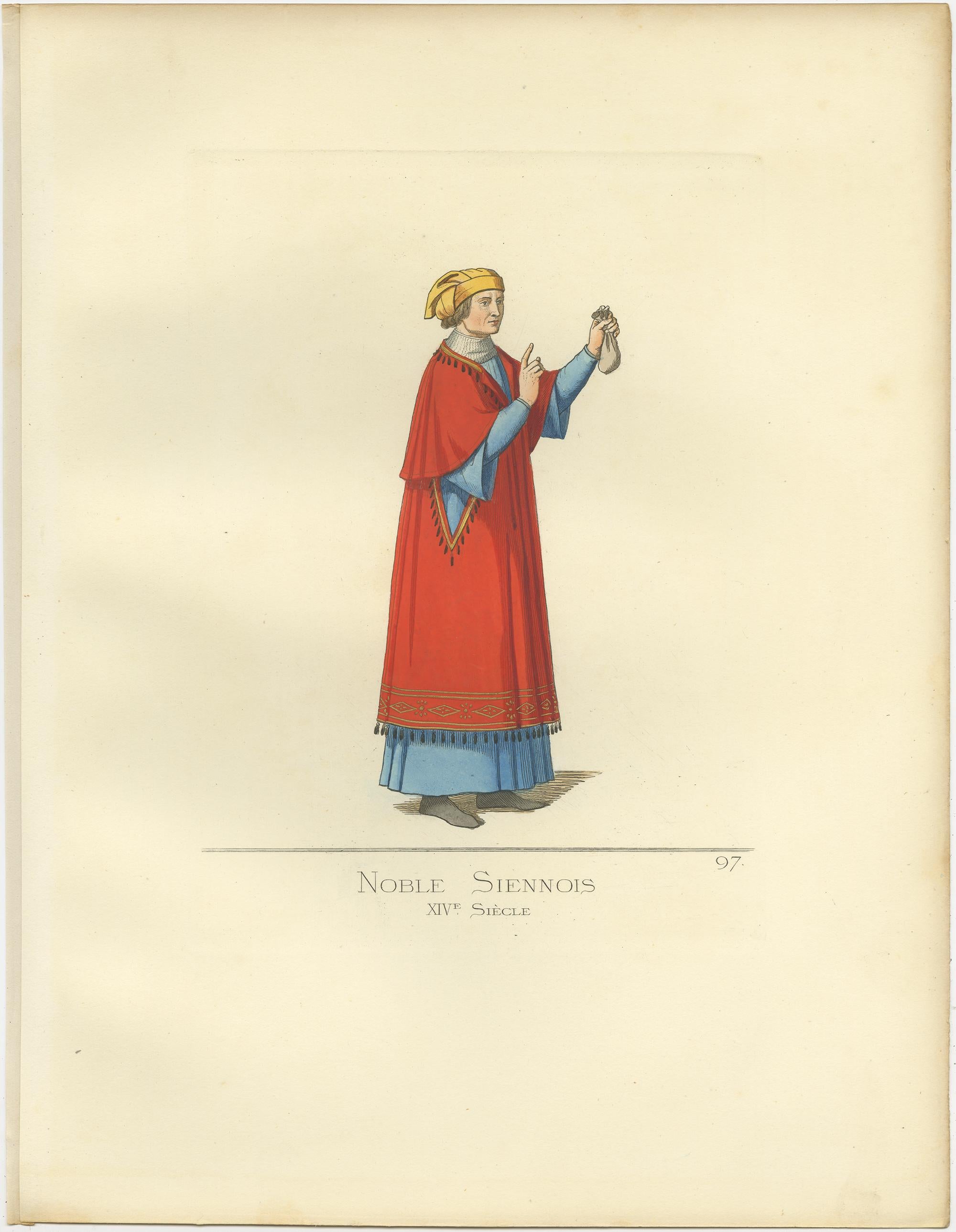 Antique print titled ‘Noble Siennois, XIVe Siecle.’ Original antique print of a nobleman from Siena, Italy, 14th century. This print originates from 'Costumes historiques de femmes du XIII, XIV et XV siècle' by C. Bonnard. Published, 1860.