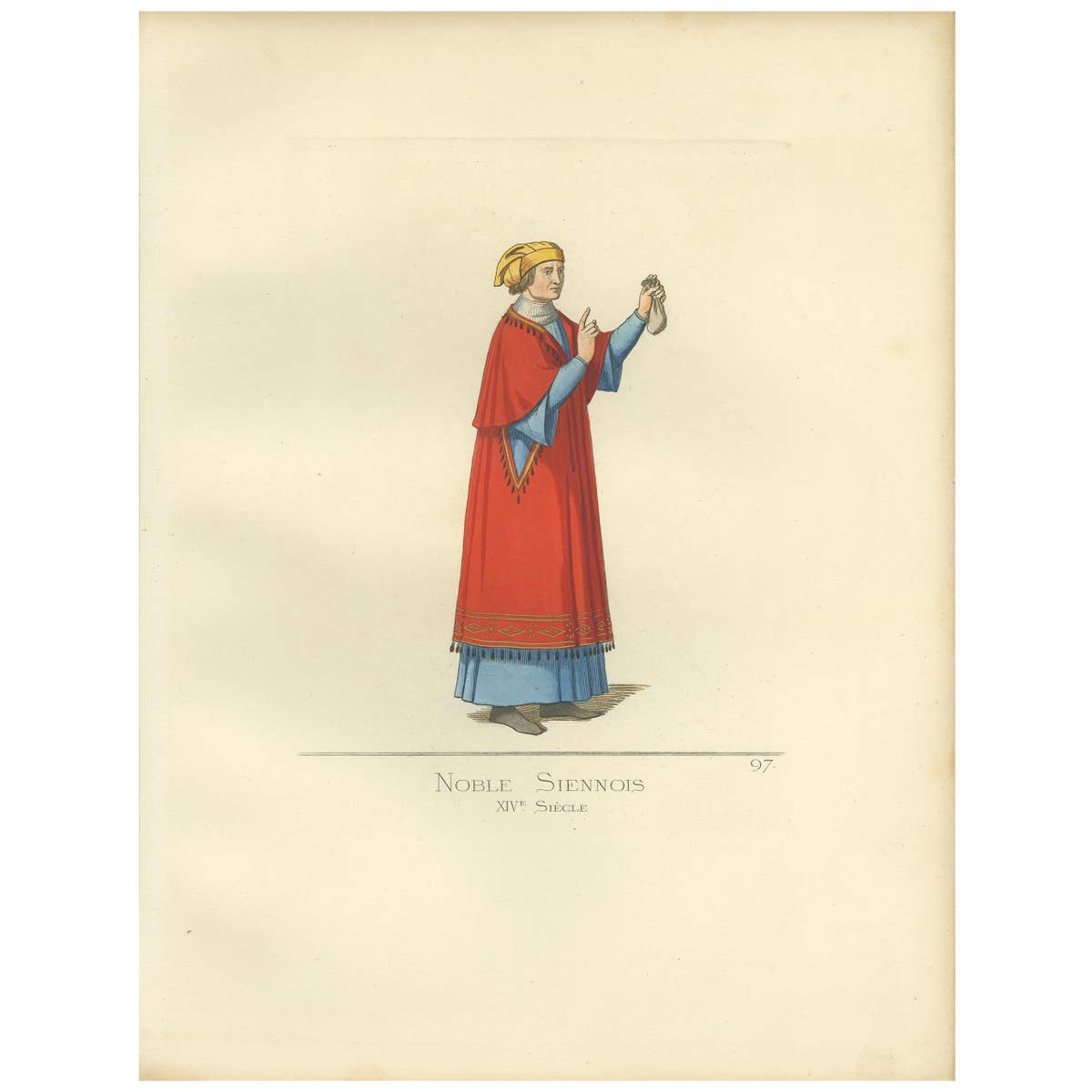 Antique Print of a Nobleman from Siena, Italy, 14th Century, by Bonnard, 1860