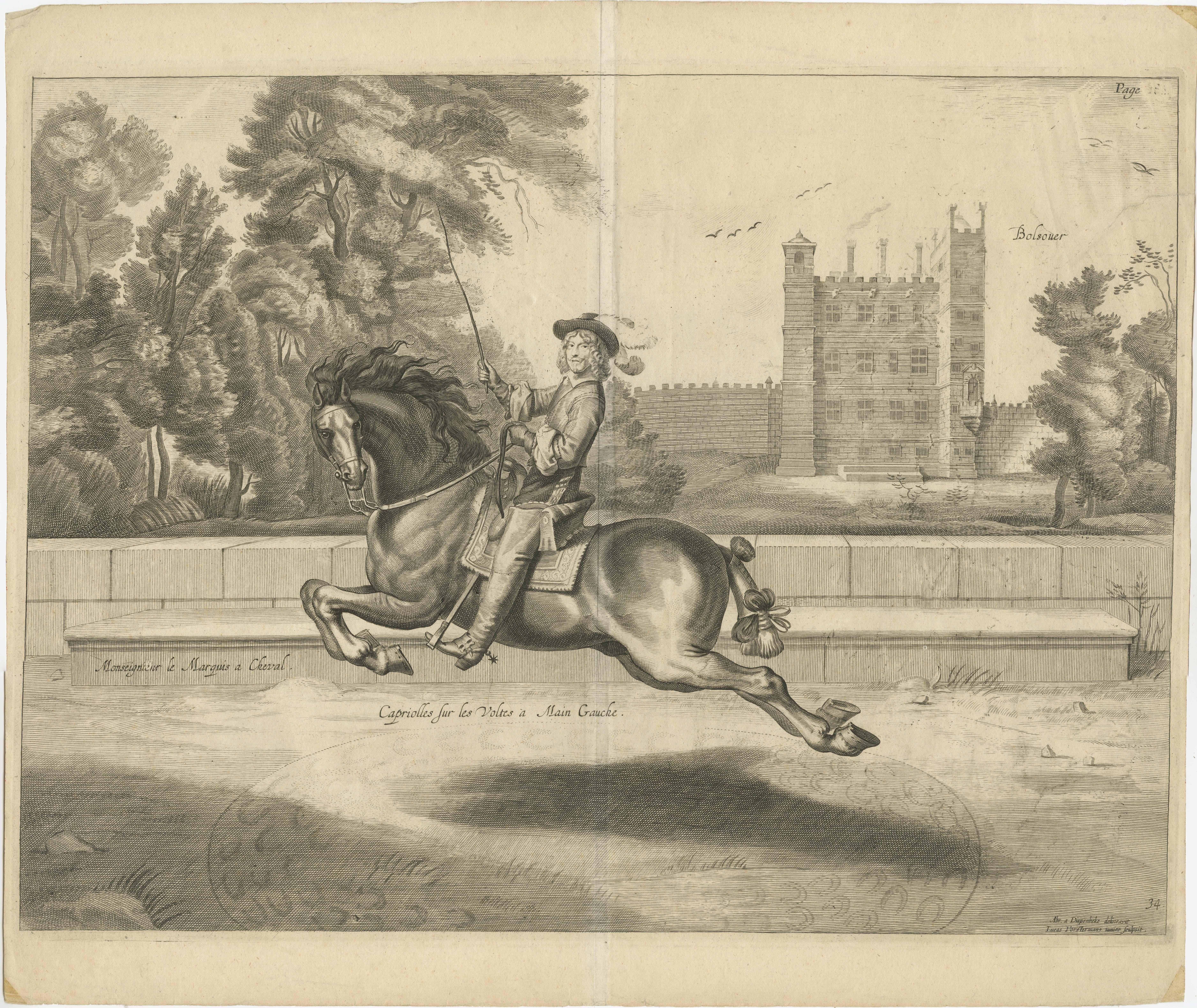 Antique print titled 'Capriolles sur les Voltes à Main Gauche'. Original old print of a nobleman galloping past Bolsover Castle in Derbyshire. This print originates from the 1737 English edition of Cavendish's exposition on the theory and practice